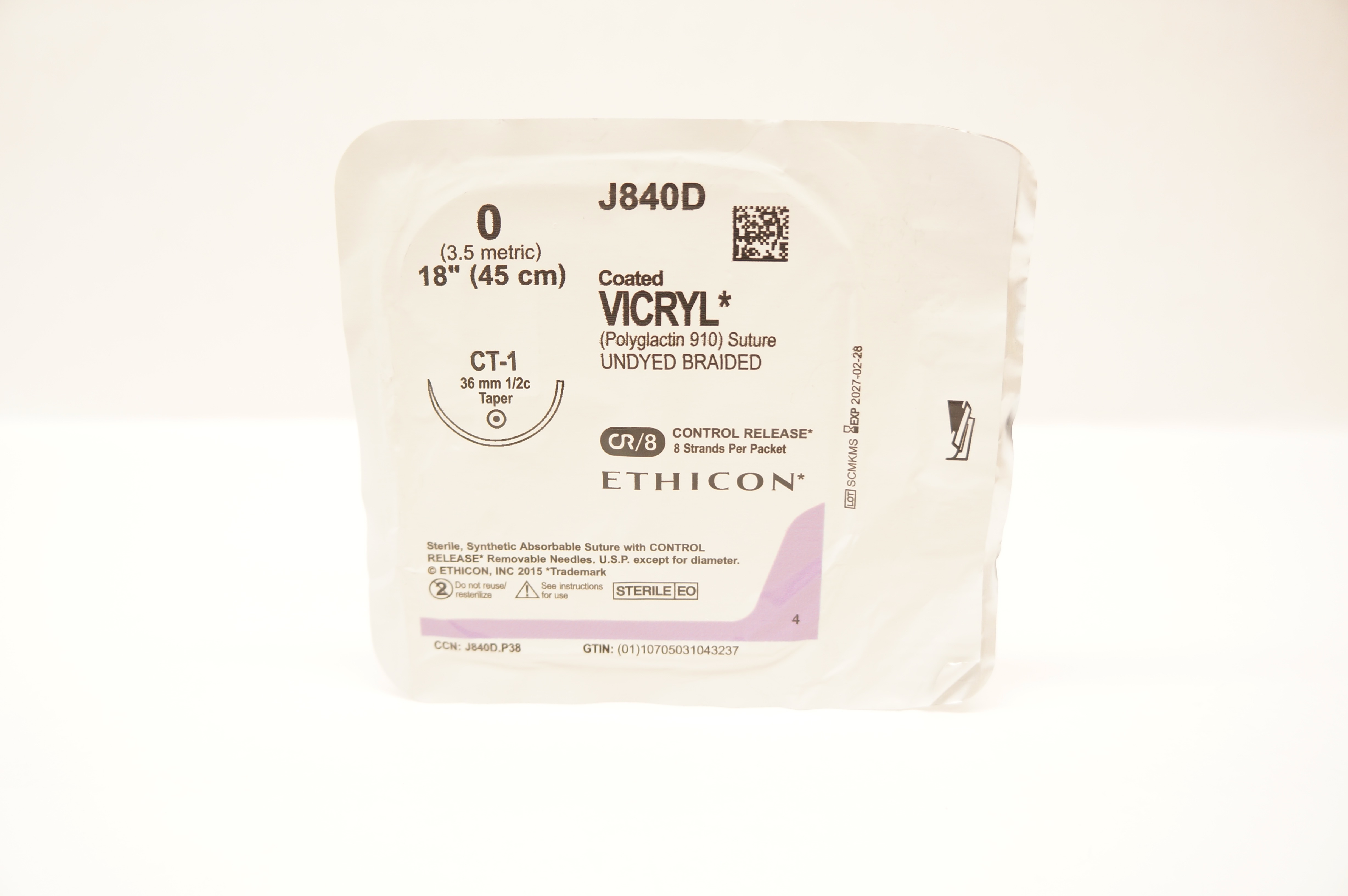 Ethicon J840D 0 Coated VICRYL Polyglactin Stre CT-1 36mm 1/2c Taper, 18inch