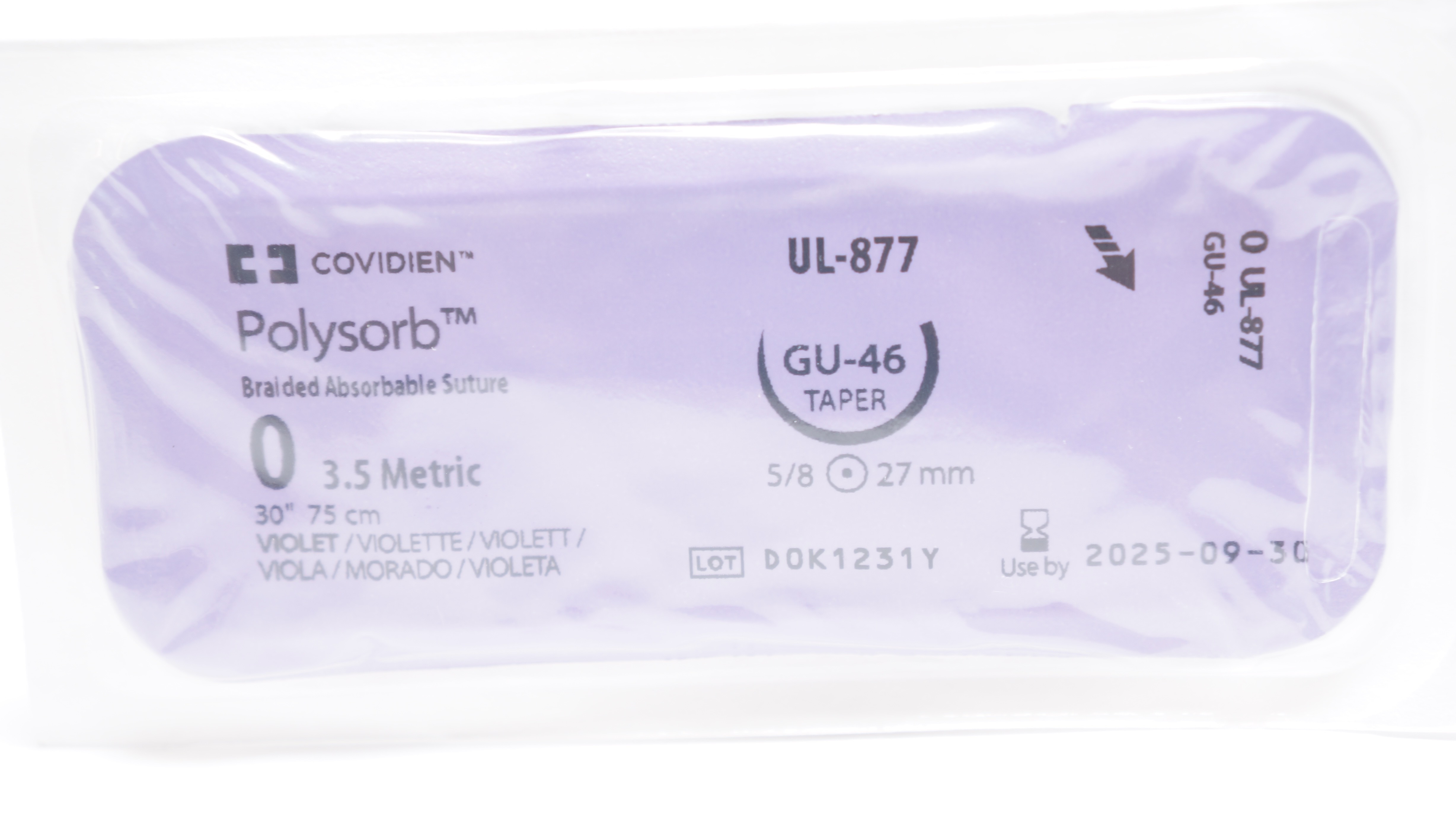 Covidien UL-877 0 Polysorb Braided Absorbable Stre GU-46 5/8c 27mm Taper, 30inch