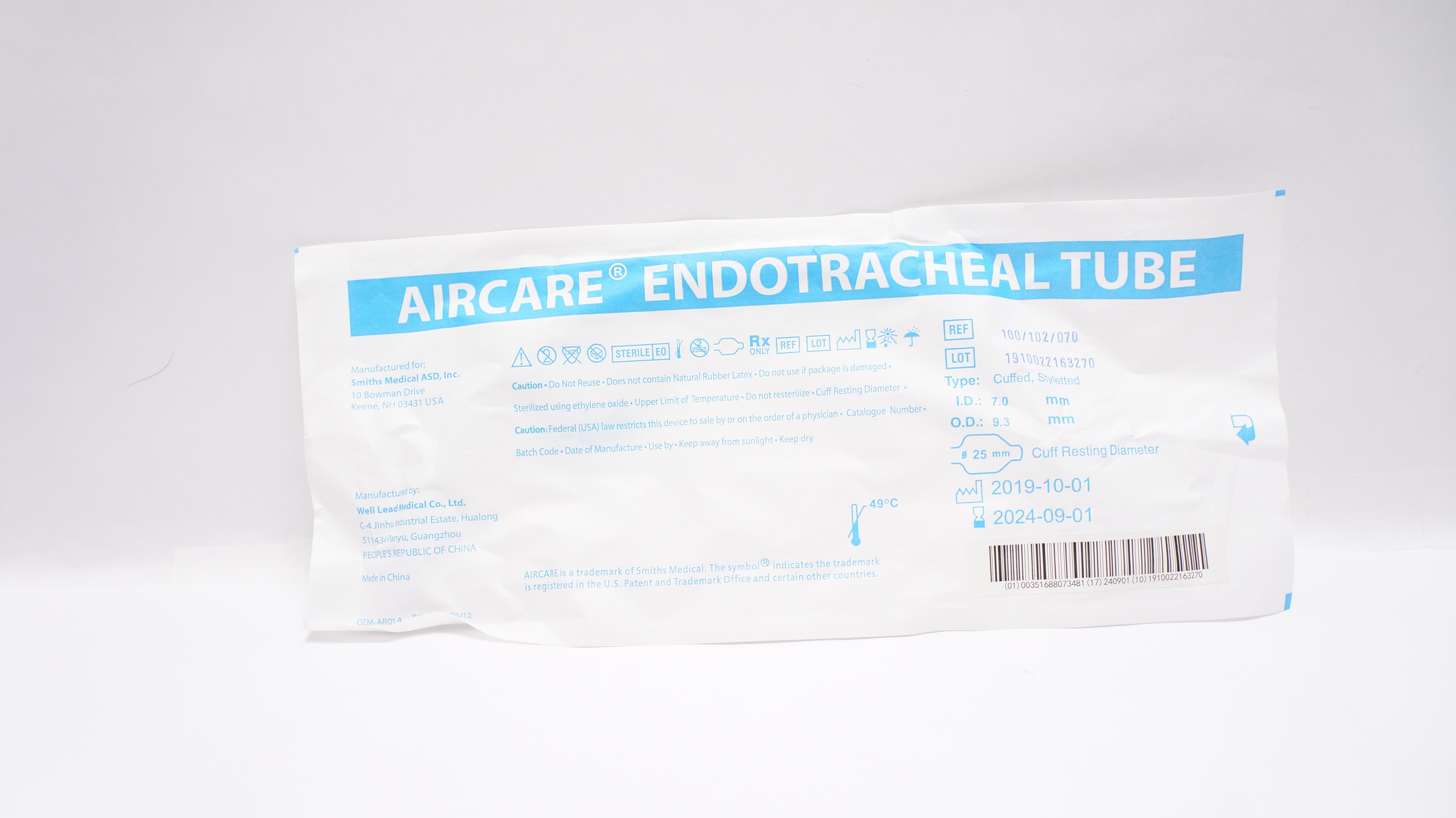 Smiths Medical 100/102/070 Aircare Endotracheal Tube 7.0mm x 9.3mm x 25mm