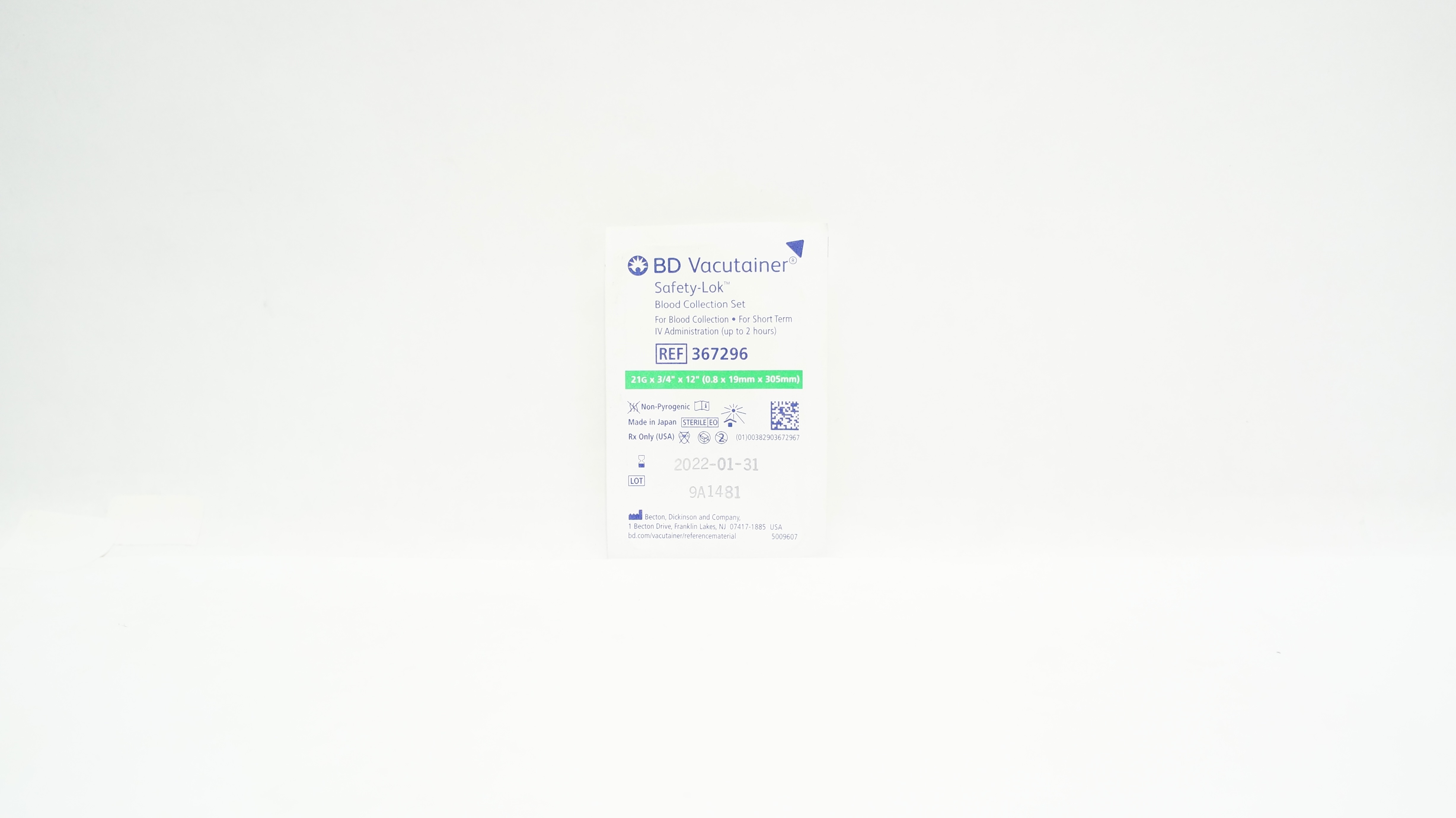 BD 367296 Vacutainer Safety-Lok Blood Collection Set 21G x 3/4inch x 12inch (x)
