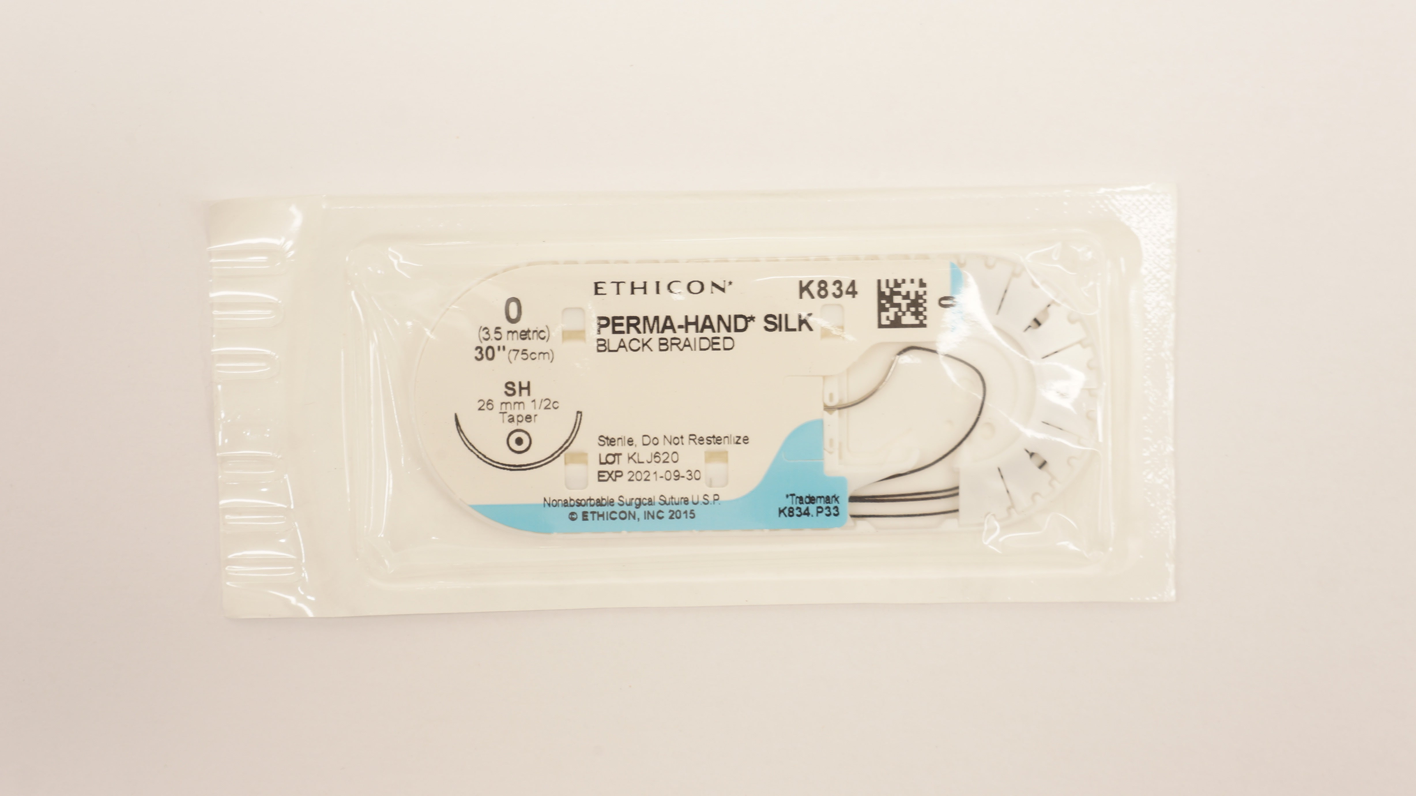 Ethicon K834 0 Perma-Hand Silk Black Braided SH 26mm 1/2c Taper, 30inch (x)