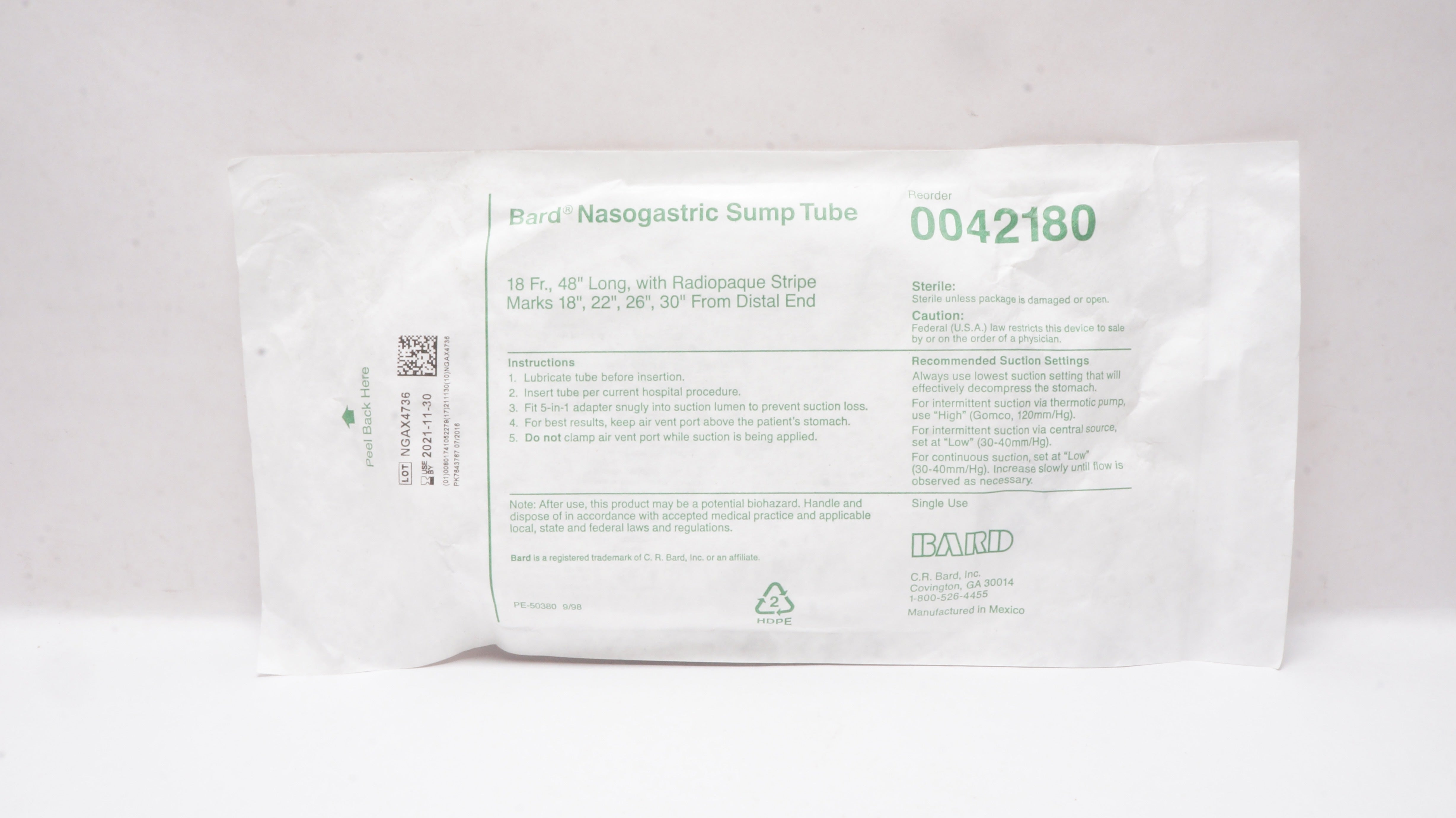 Bard 0042180 Nasogastric Sump Tube with Radiopaque Stripe Marks 18Fr x 48inch(x)