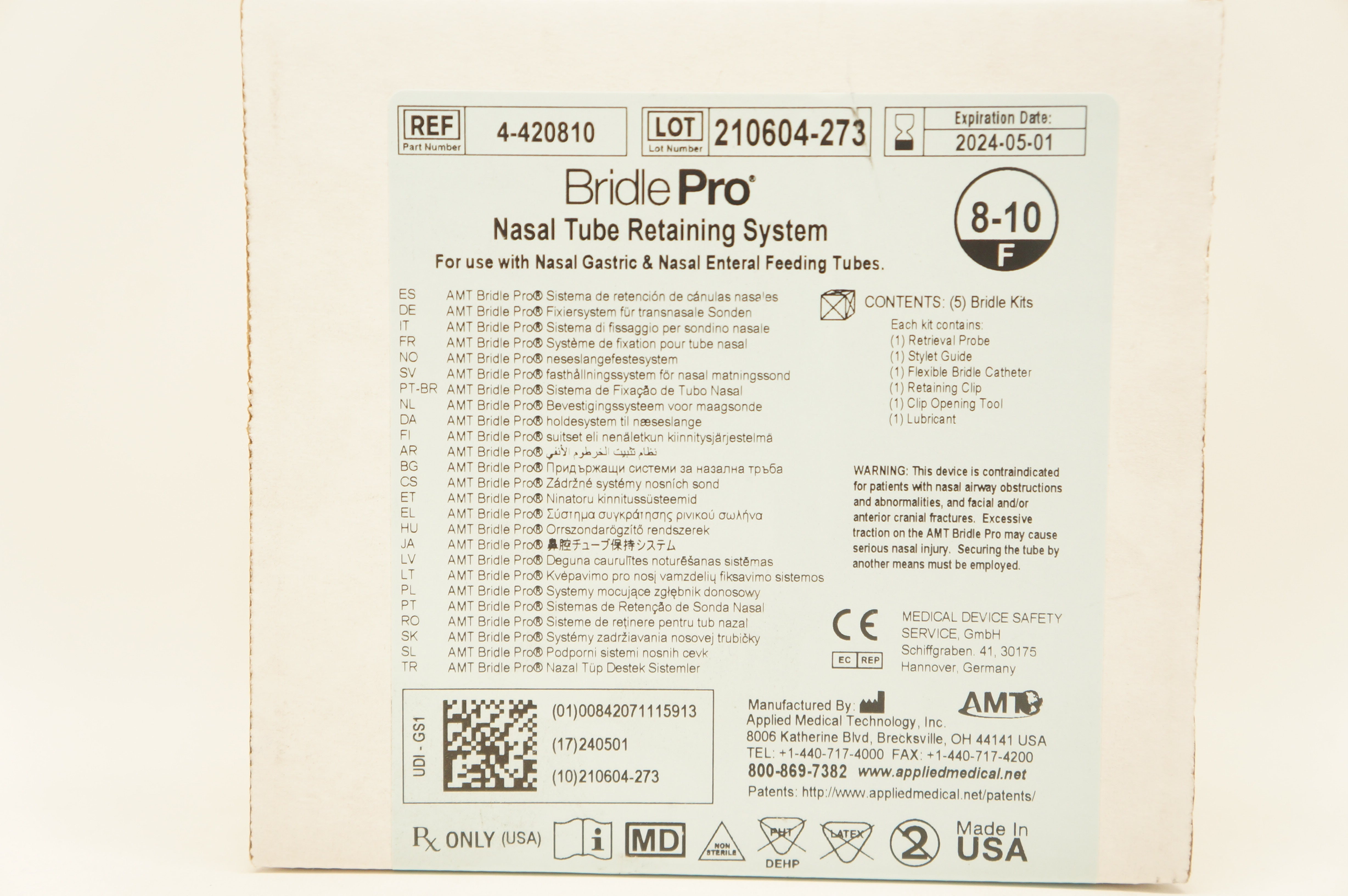 Applied Medical E4-420810 Bridle Pro Nasal Tube Retaining System 8-10F - Box of 5