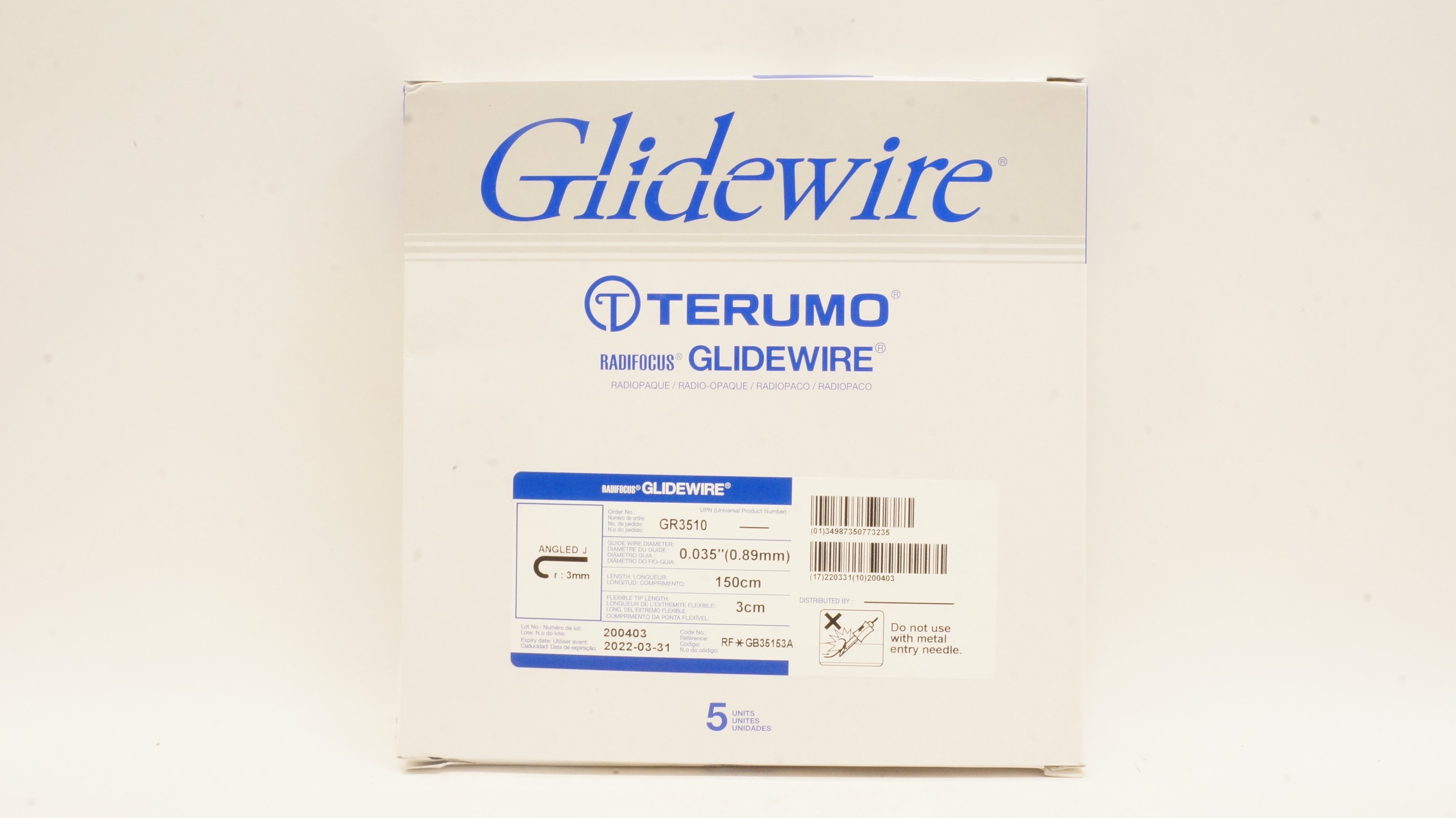 Terumo GR3510 Radifocus Glidewire Angled J 0.035 inch x 150cm x 3cm - Box of 5