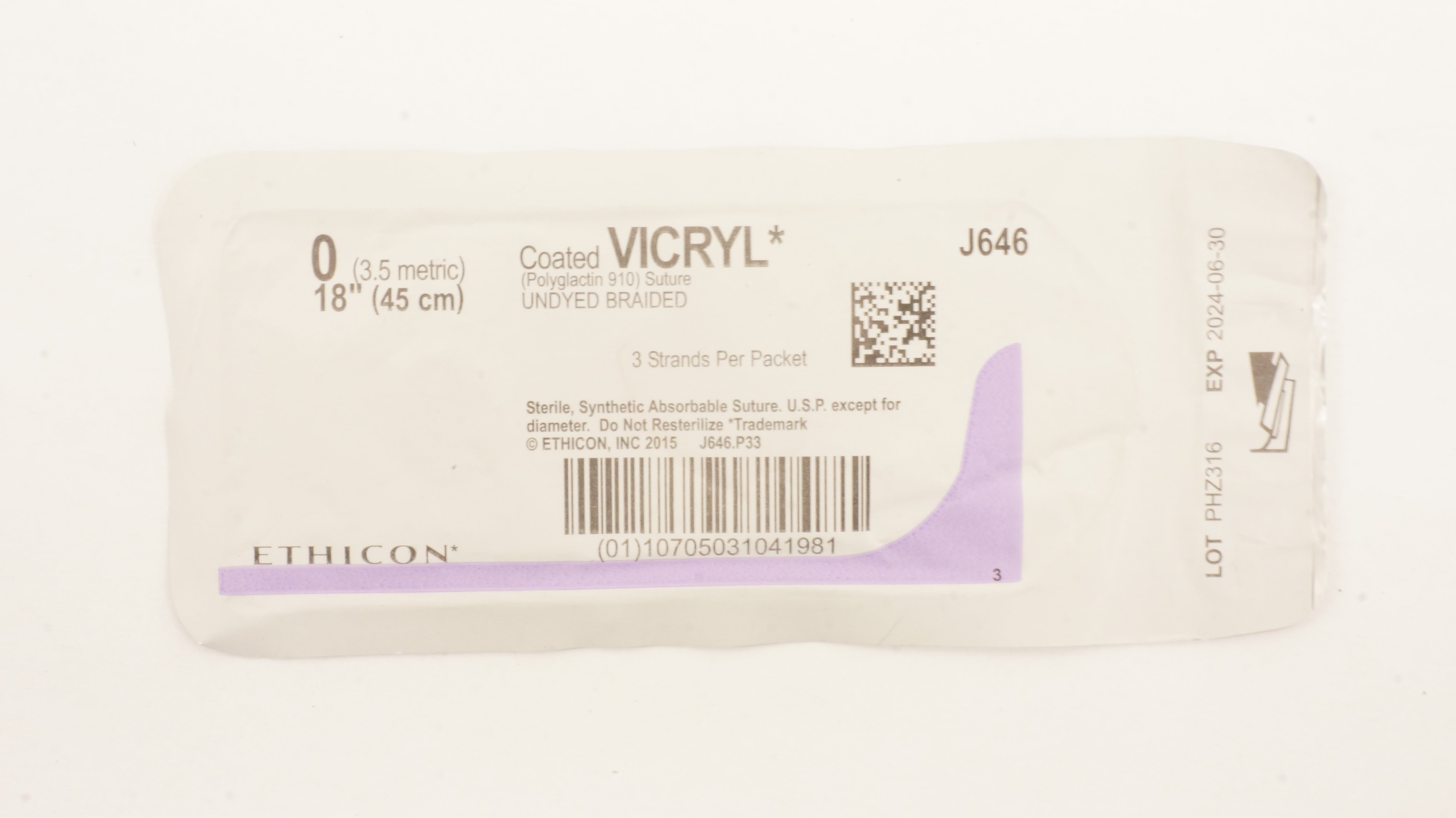 Ethicon J646 0 Coated VICRYL Polyglactin 910 Suture Undyed Braided, 18inch