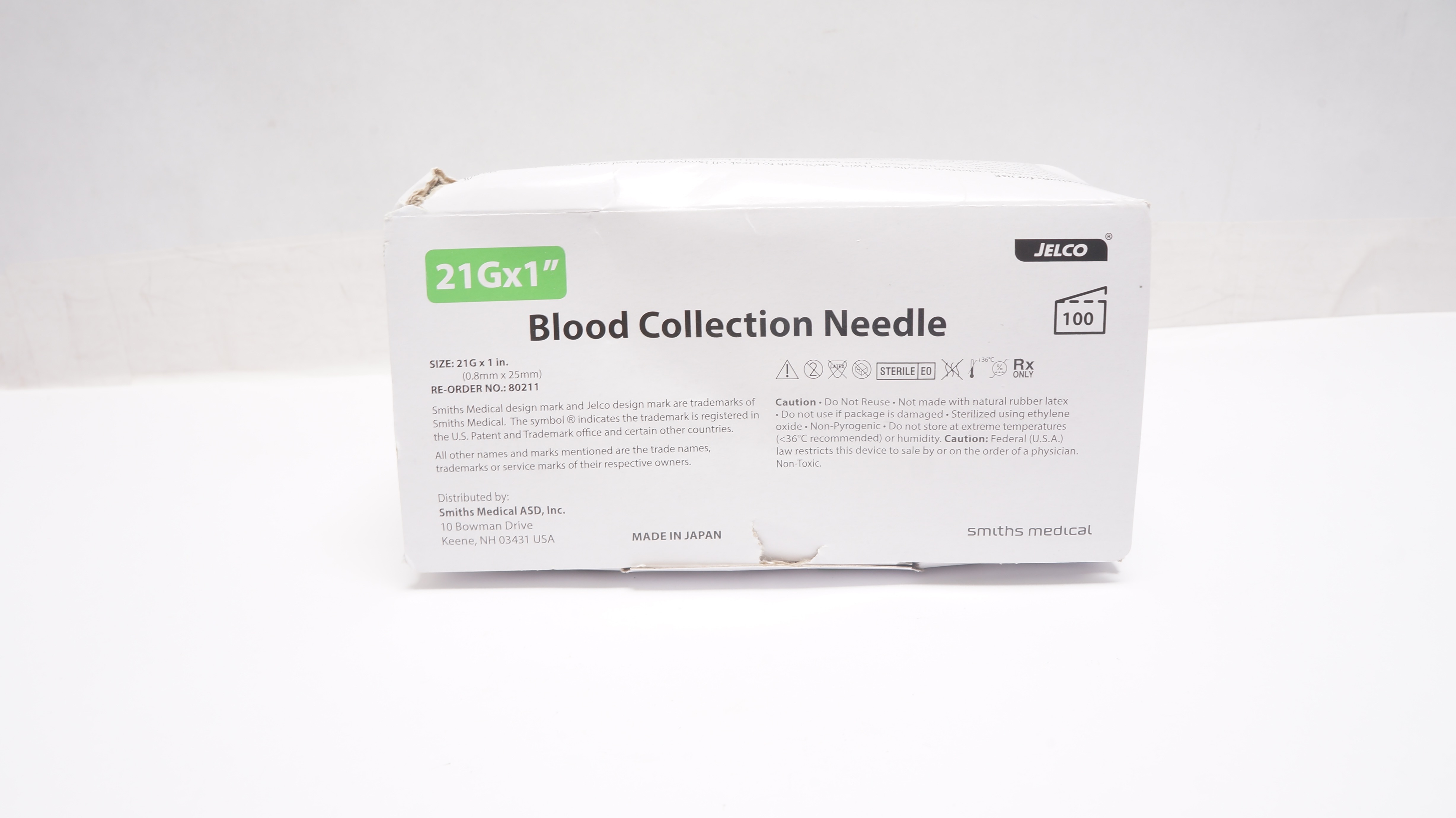 Smiths Medical 80211 Jelco Blood Collection Ndle 21G x 1inch (x) - Box of 100