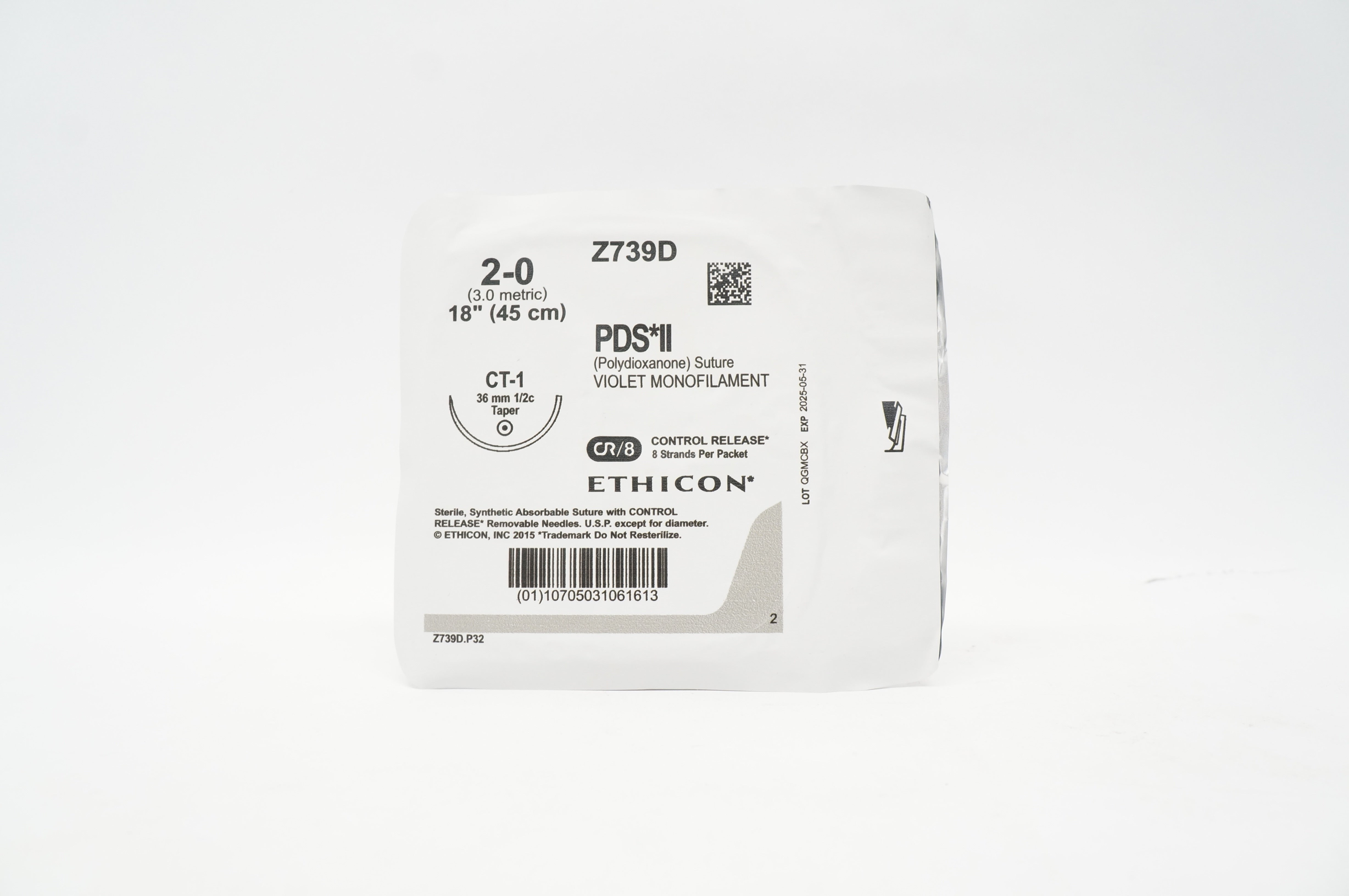 Ethicon Z739D 2-0 PDS II Polidioxanone Stre CT-1 36mm 1/2c Taper 18 inch, CR/8