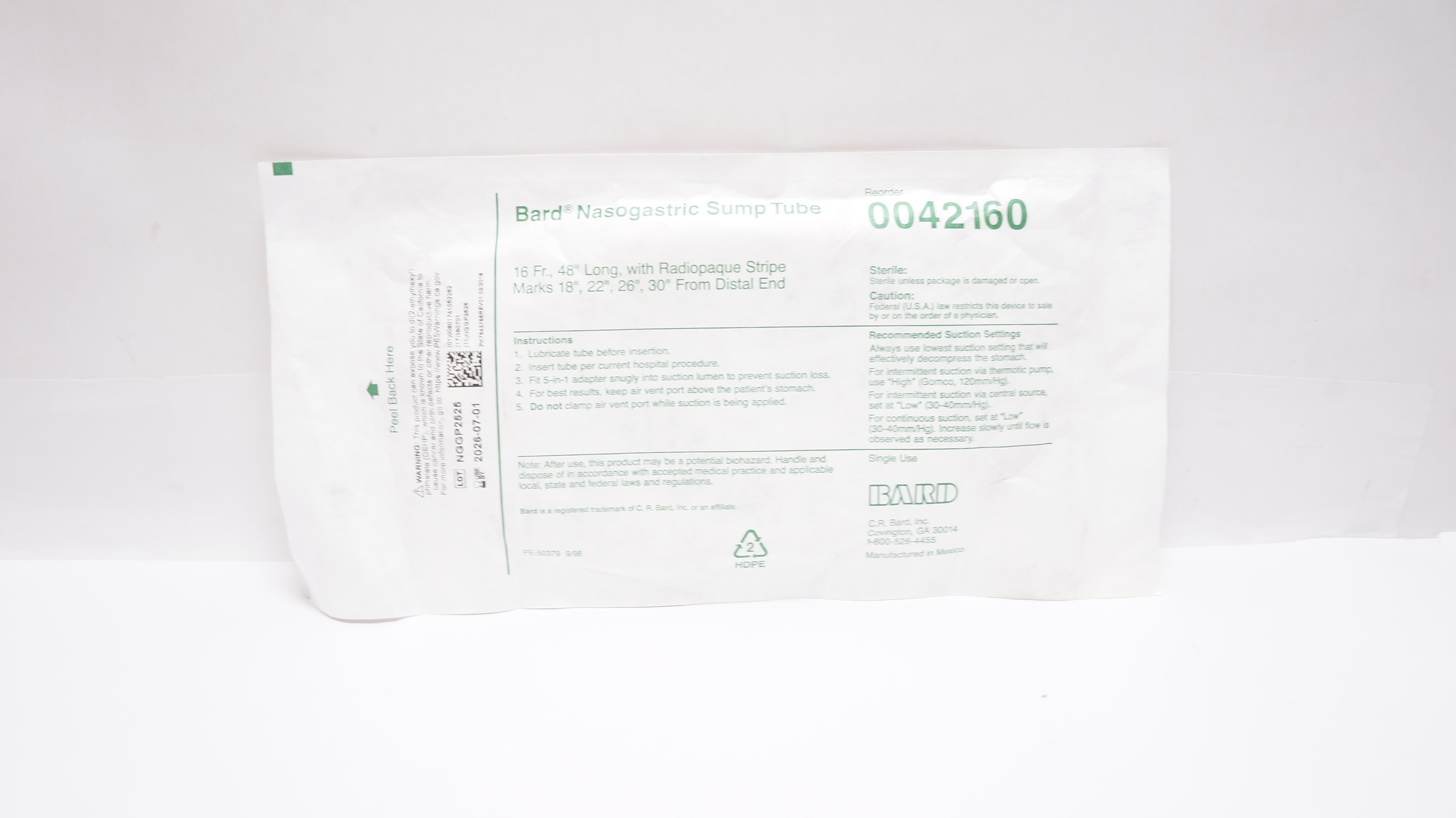 Bard 0042160 Nasogastric Sump Tube with Radiopaque Stripe Marks 16Fr x 48inch