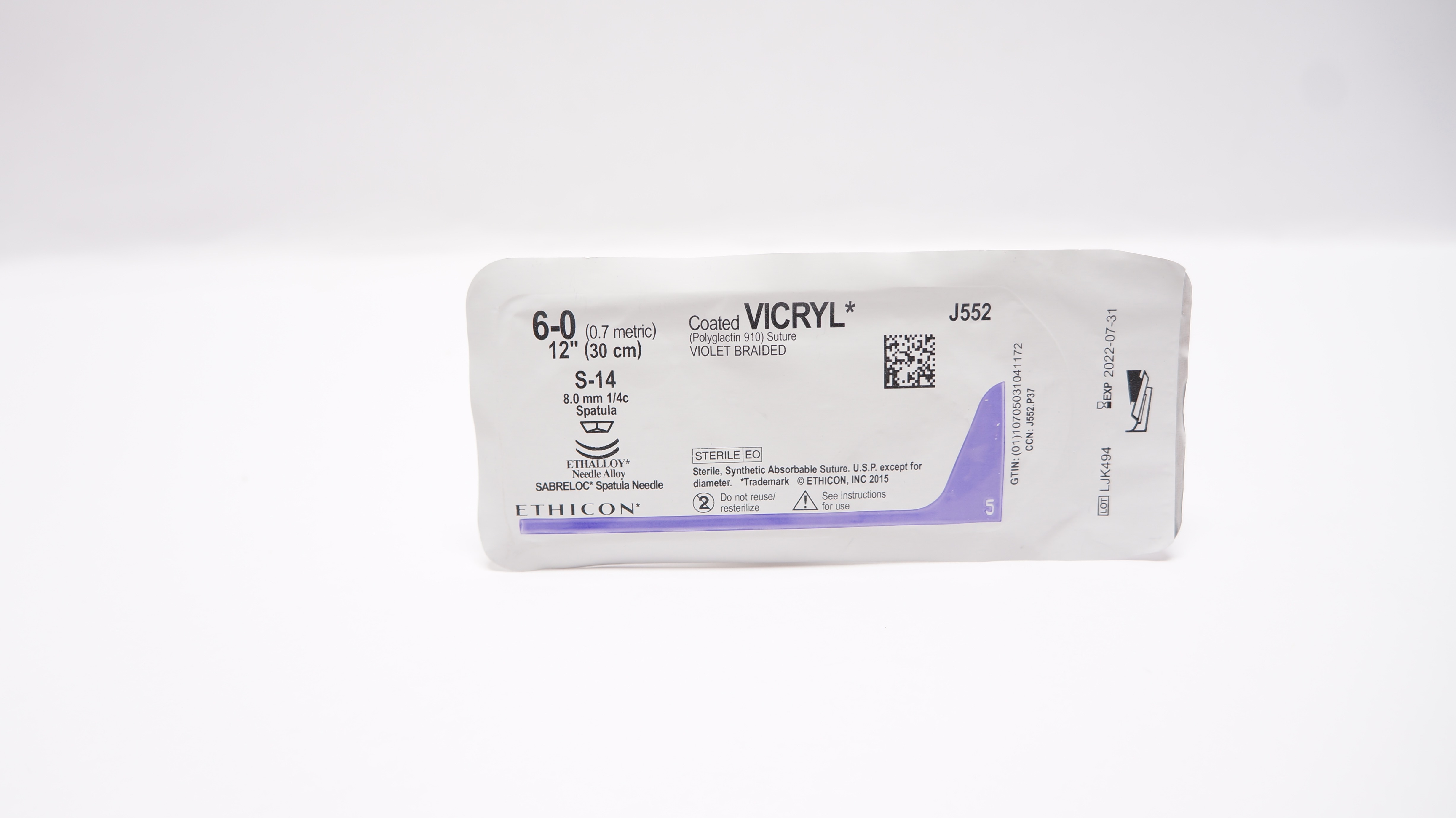 Ethicon J552 6-0 Coated VICRYL Polygalctin Stre S-14 8mm 1/4c Spatula, 12inch(x)