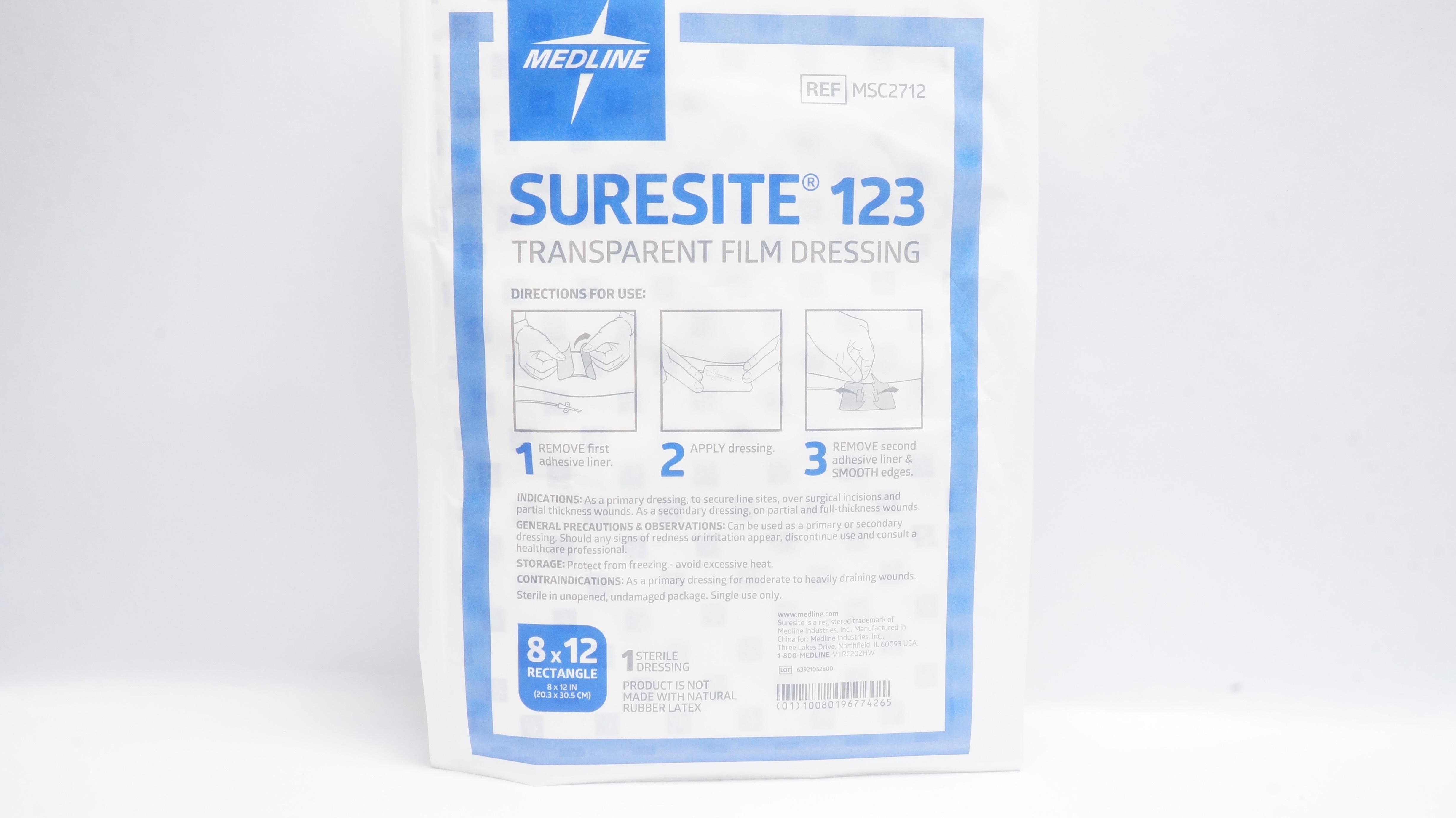 Medline MSC2712 Suresite 123 Transparent Film Dressing 8inch x 12inch