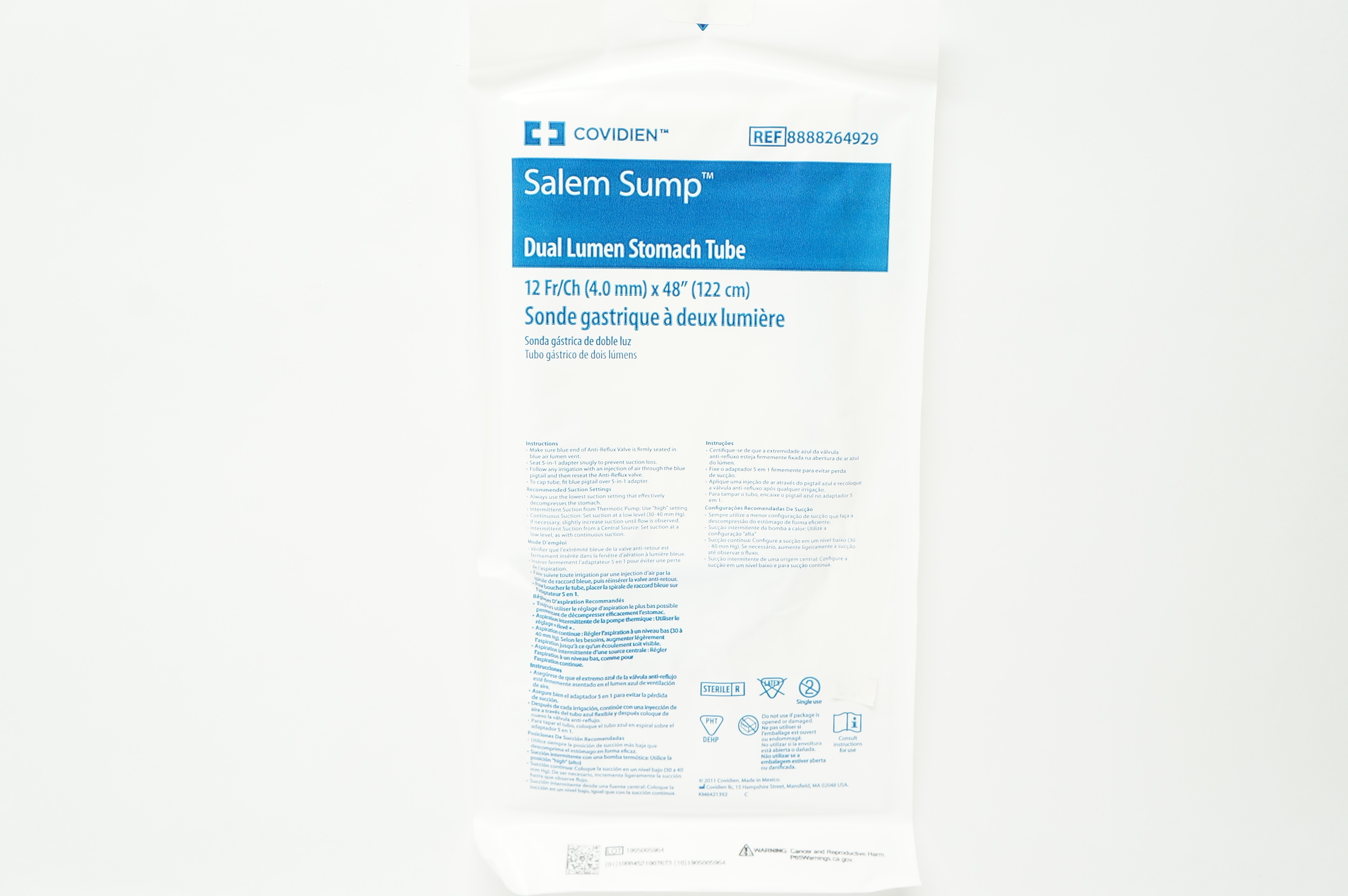 Covidien 8888264929 Salem Sump Dual Lumen Stomach Tube 12Fr/Ch x 48 inch