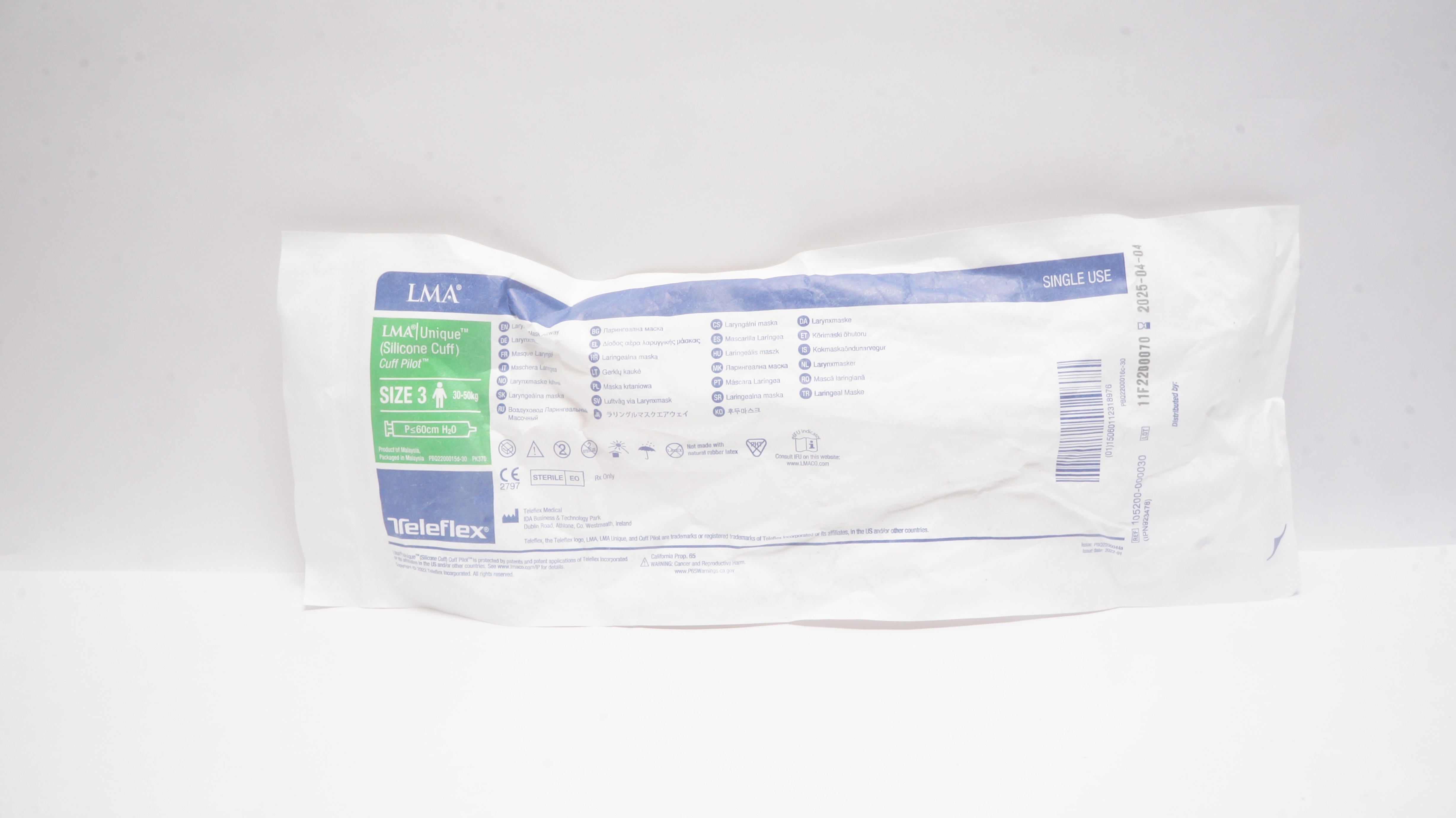 Teleflex 105200-000030 LMA Unique Laryngeal Mask Airway Size 3 30-50kg ≤60cm H2O