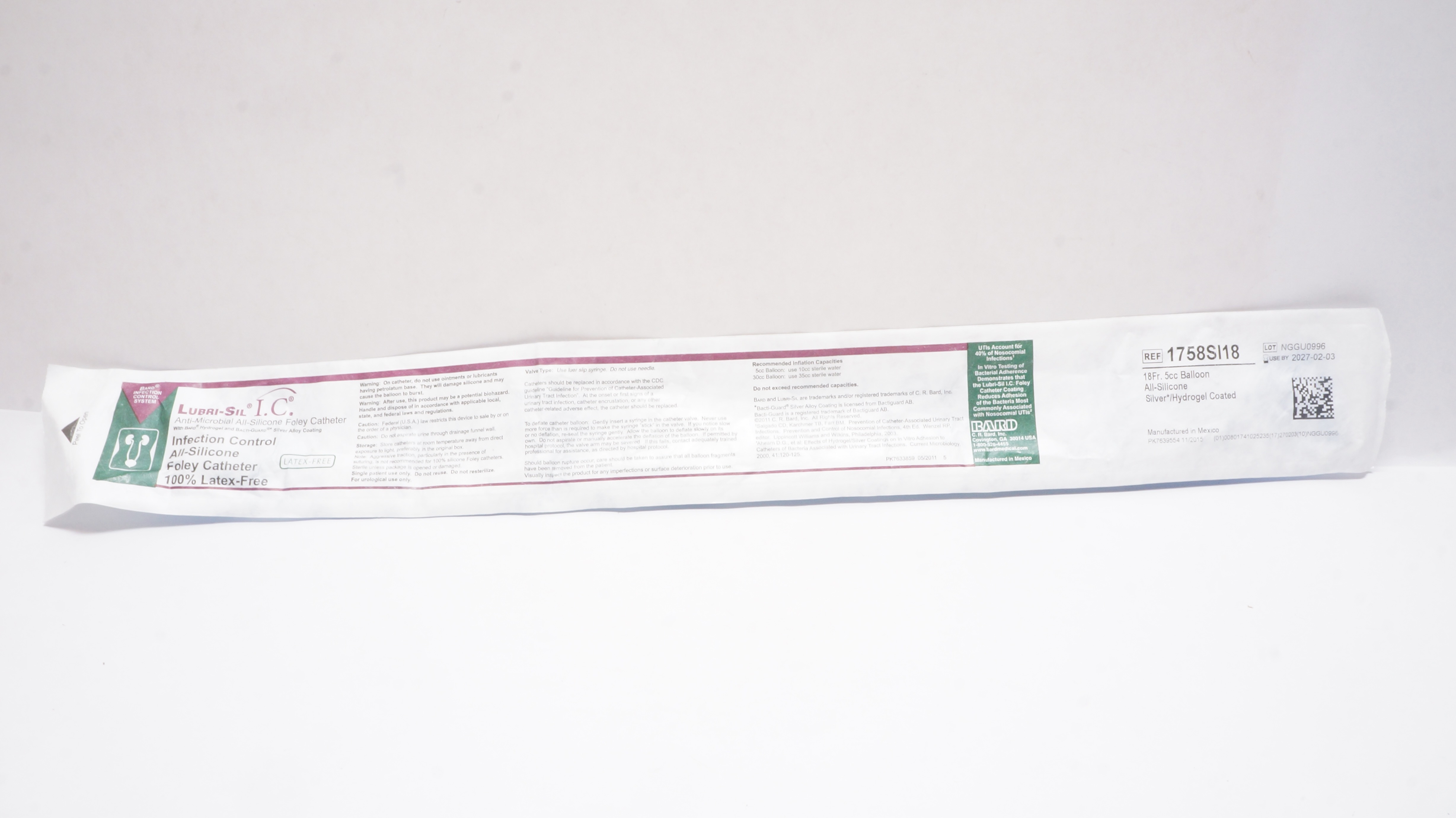 Bard 1758SI18 Lubri-Sil Infection Control Foley Cath. 18Fr. 5cc Balloon