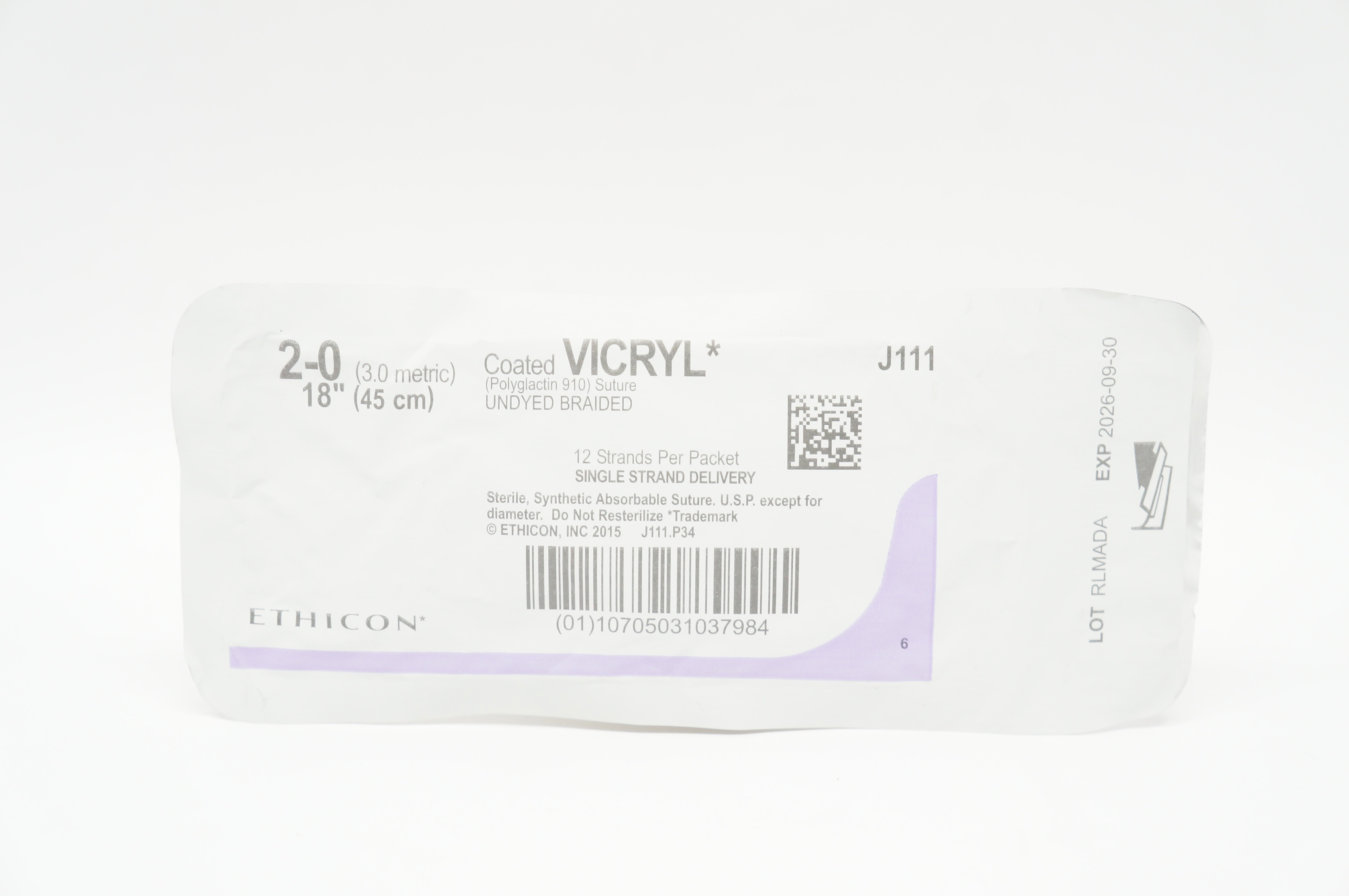 Ethicon J111 2-0 Coated VICRYL, Undyed Braided, 18inch