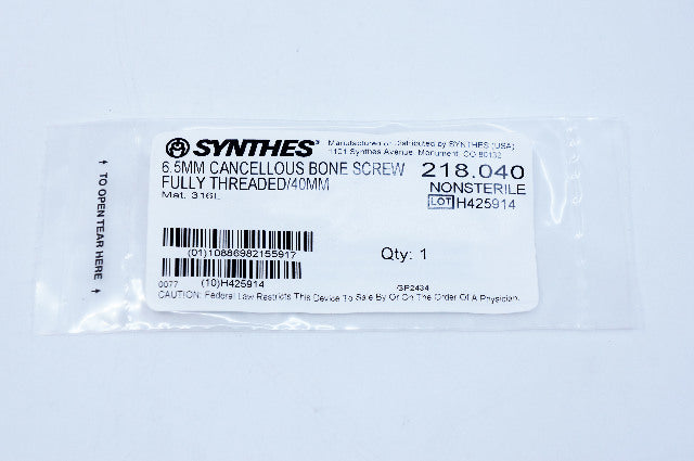 Synthes 218.040 6.5mm Cancellous Bone Screw Fully Threaded/40mm