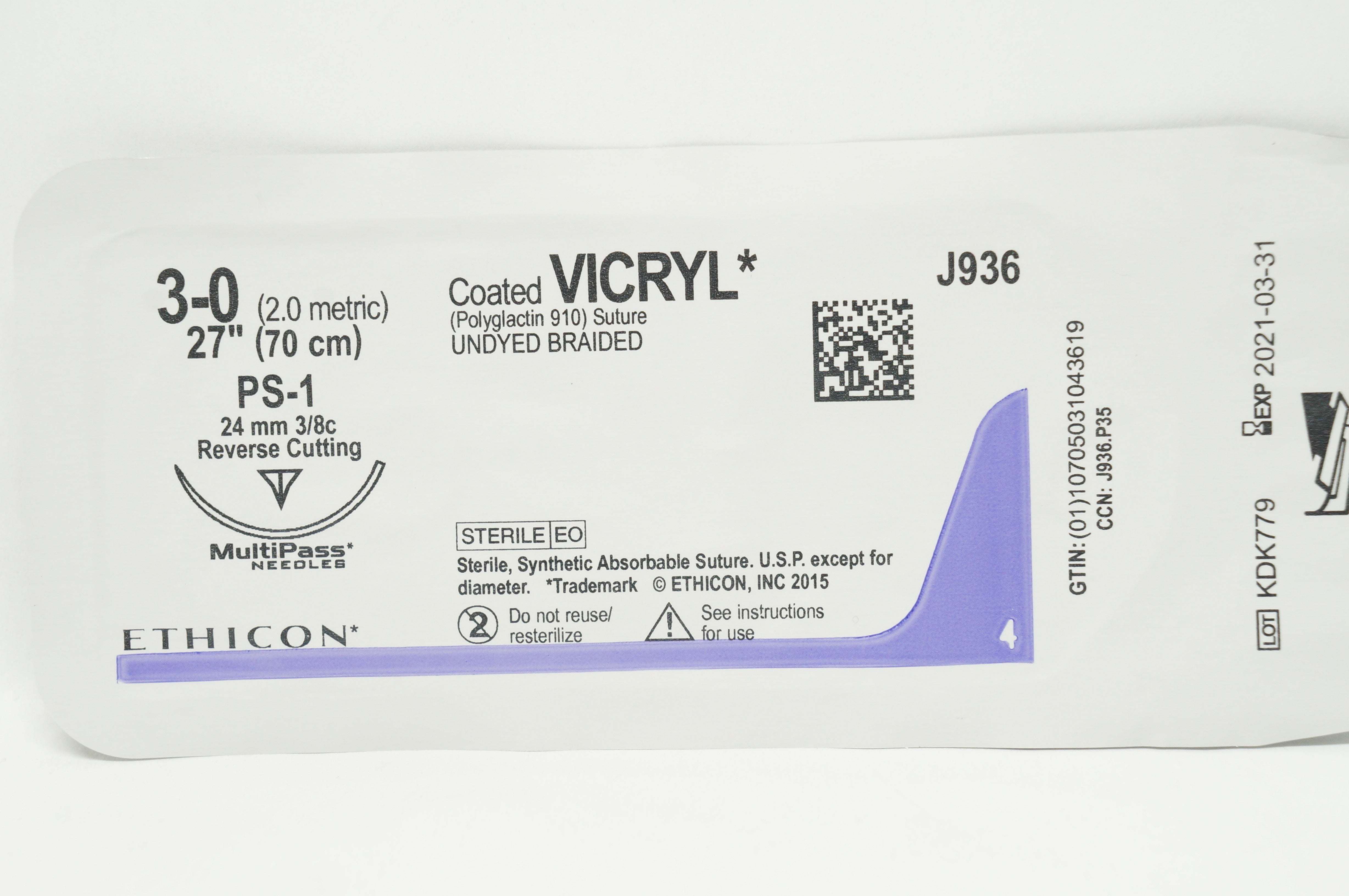 Ethicon J936 Coated Vicryl Stre PS-1 24mm 3/8c Reverse Cutting, 27inch (x)