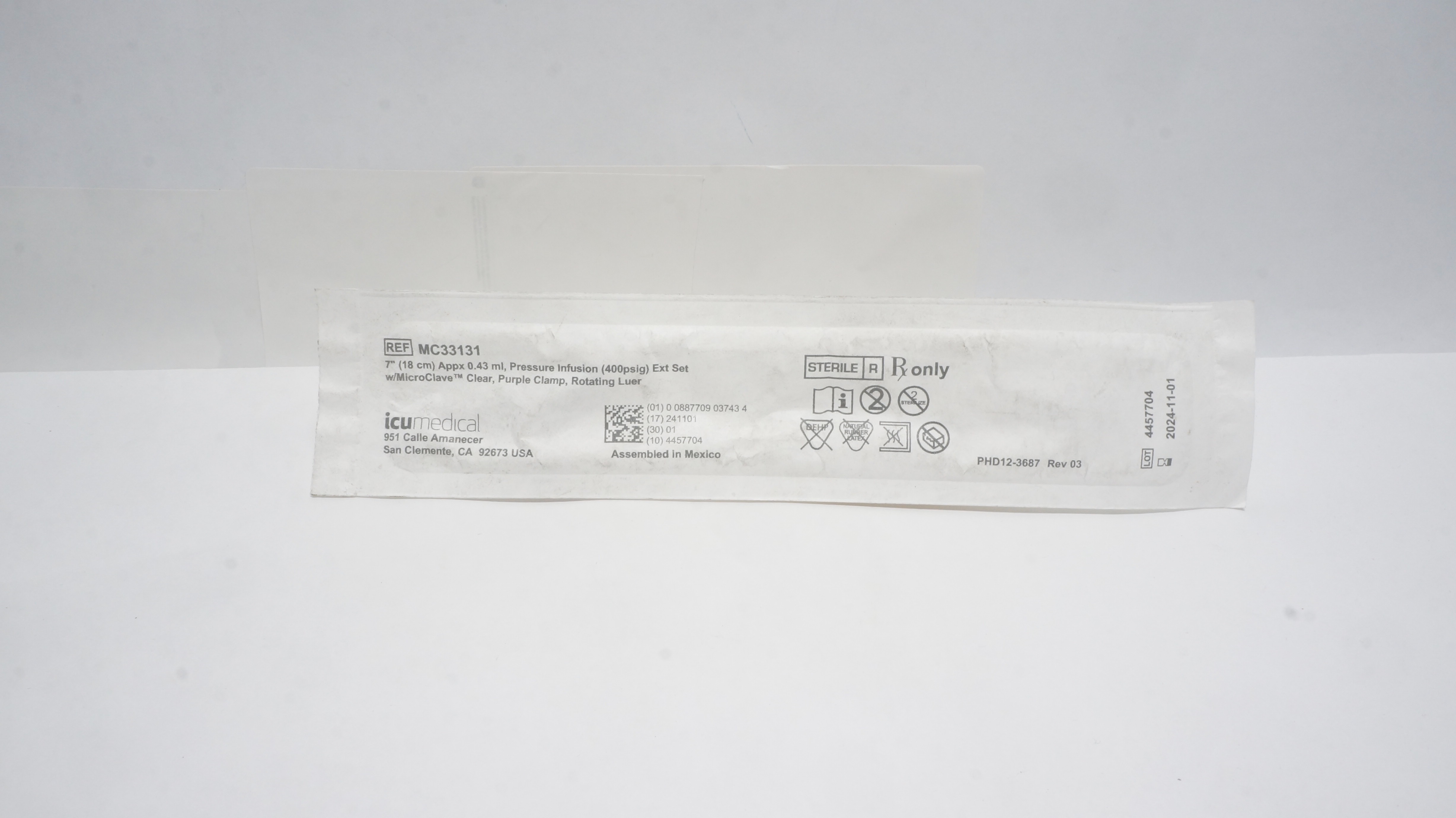 ICU Medical MC33131 7inch Appx 0.43ml, Pressure Infusion Extension Set (x)