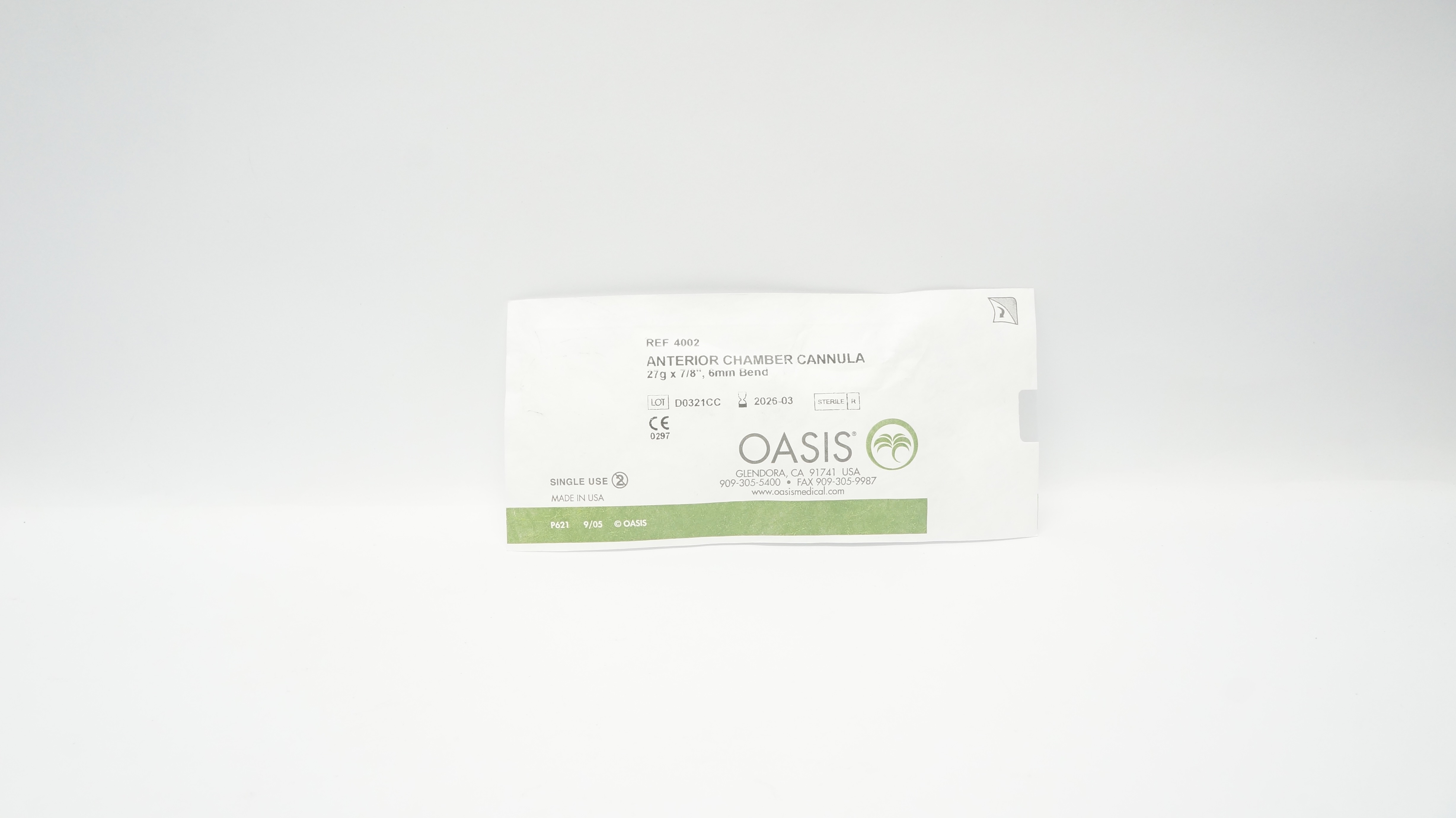 Oasis 4002 Anterior Chamber Cannula 27G x 7/8In, 6mm Bend