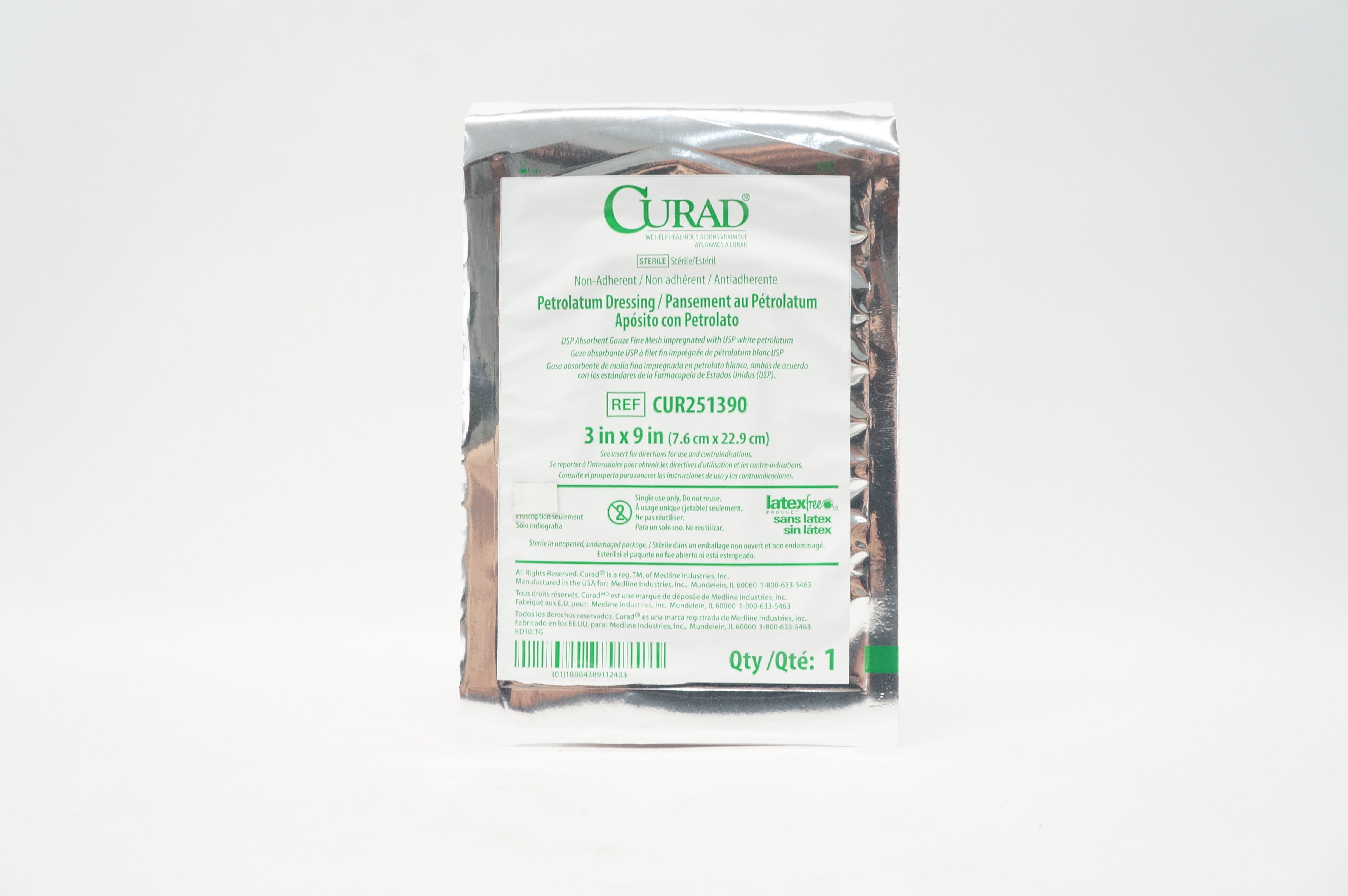 Medline CUR251390 Non-Adherent Curad Petrolatum Dressing 3inch x 9inch