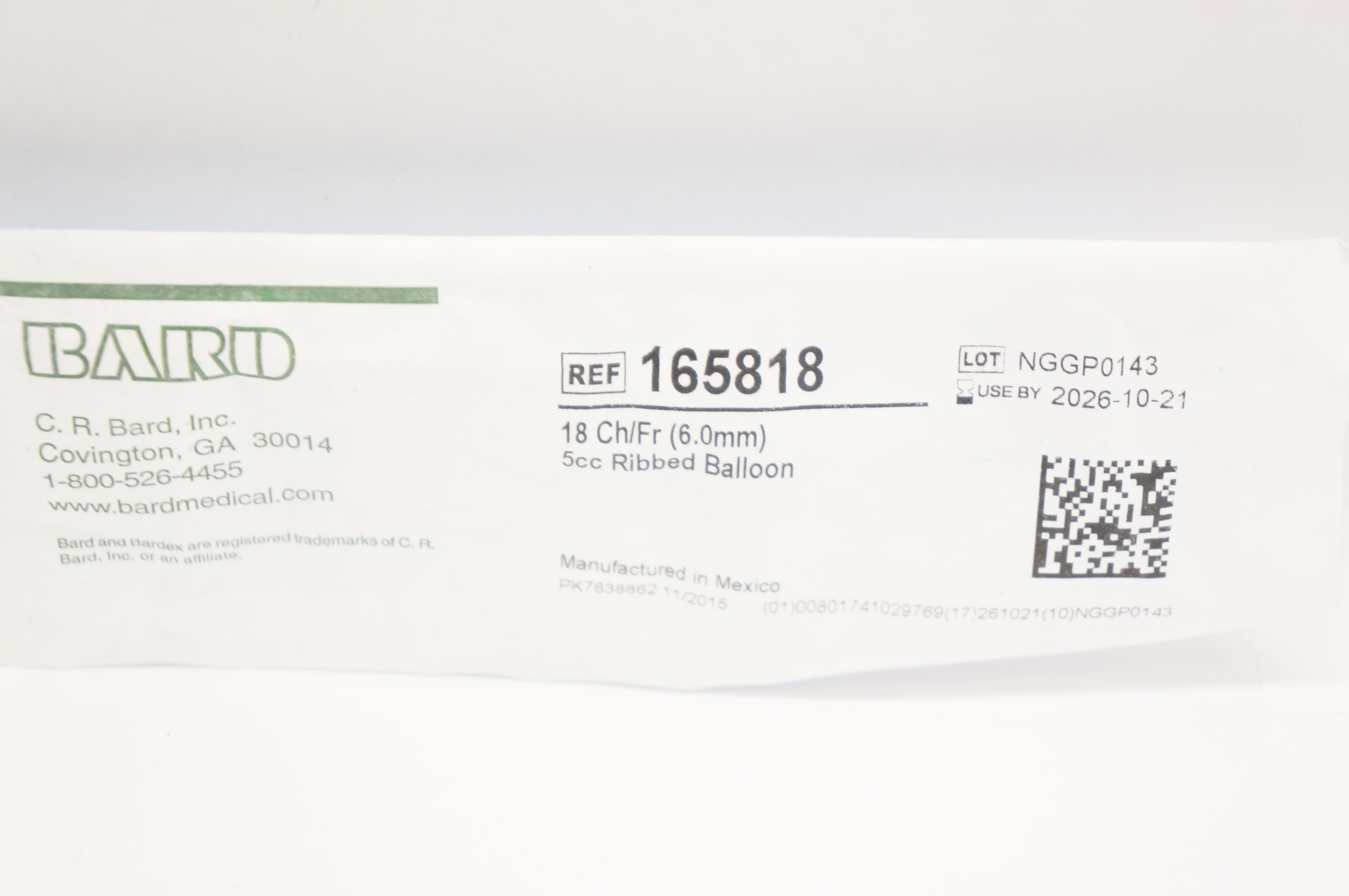 Bard 165818 All-silicone Foley Cath. 18Fr 5cc Ribbed Balloon