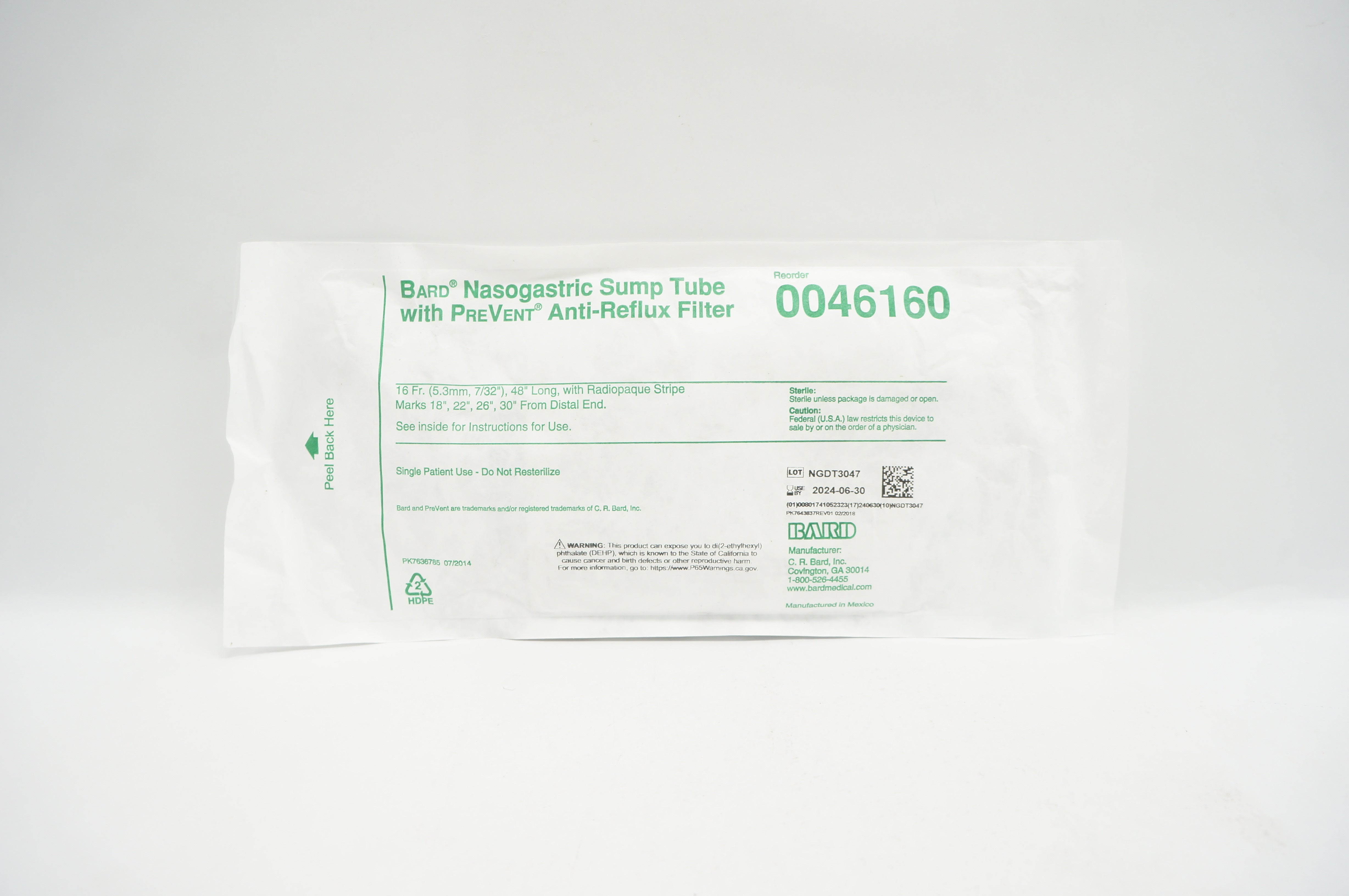 Bard 0046160 Nasogastric Sump Tube W/ PreVent Anti-Reflux Filter, 16Fr. x 48inch