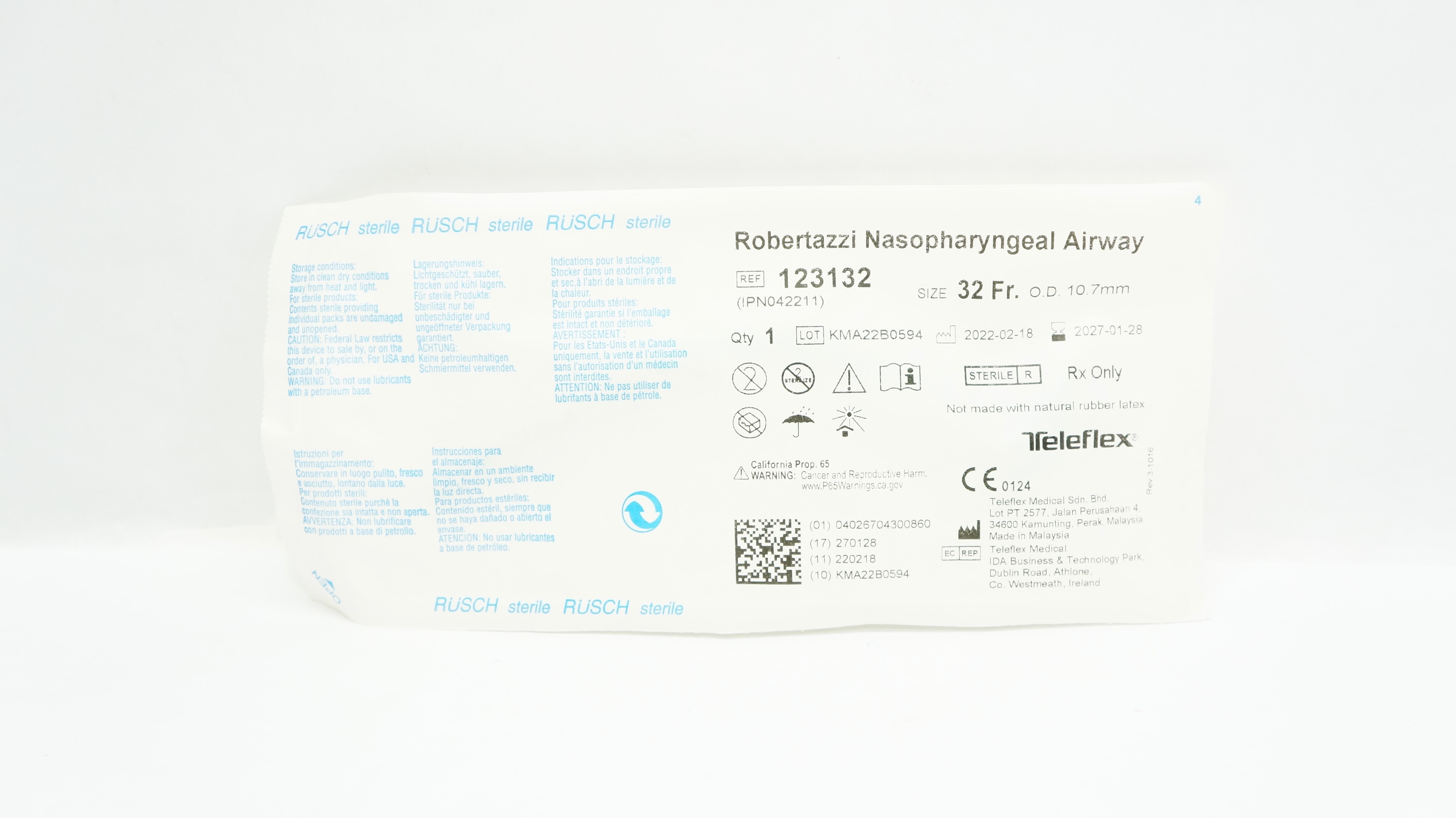 Teleflex 123132 Rusch Robertazzi Nasopharyngeal Airway 32Fr. x 10.7mm O.D.