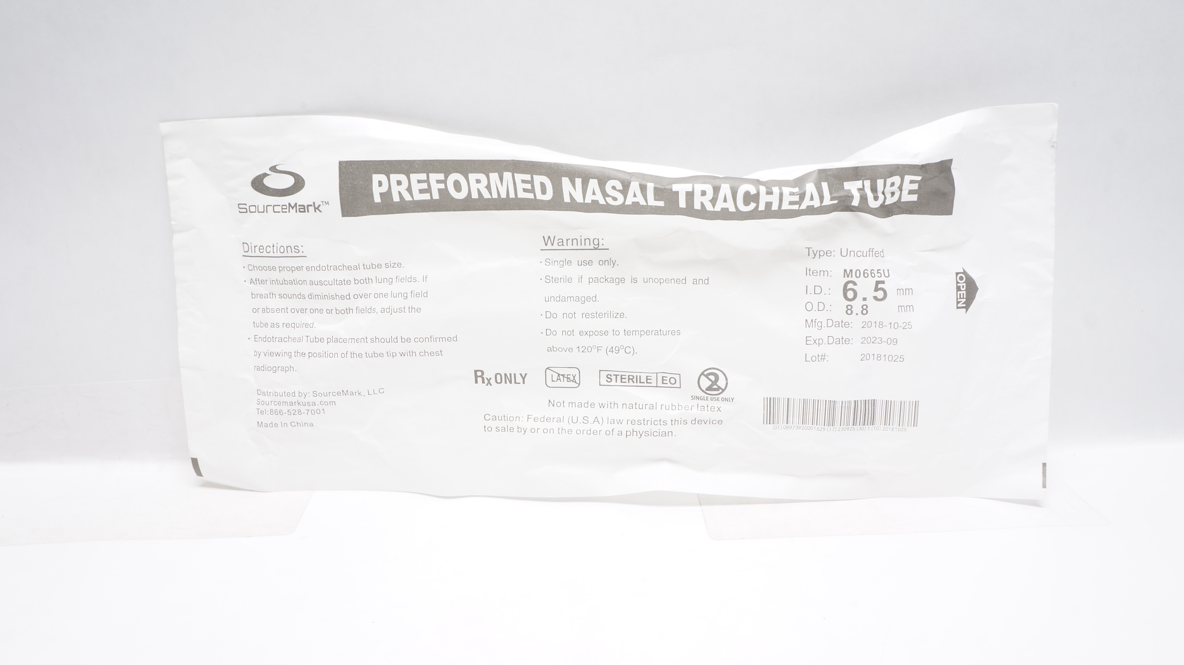 SourceMark M0665U Preformed Nasal Tracheal Tube 6.5mm x 8.8mm (x)