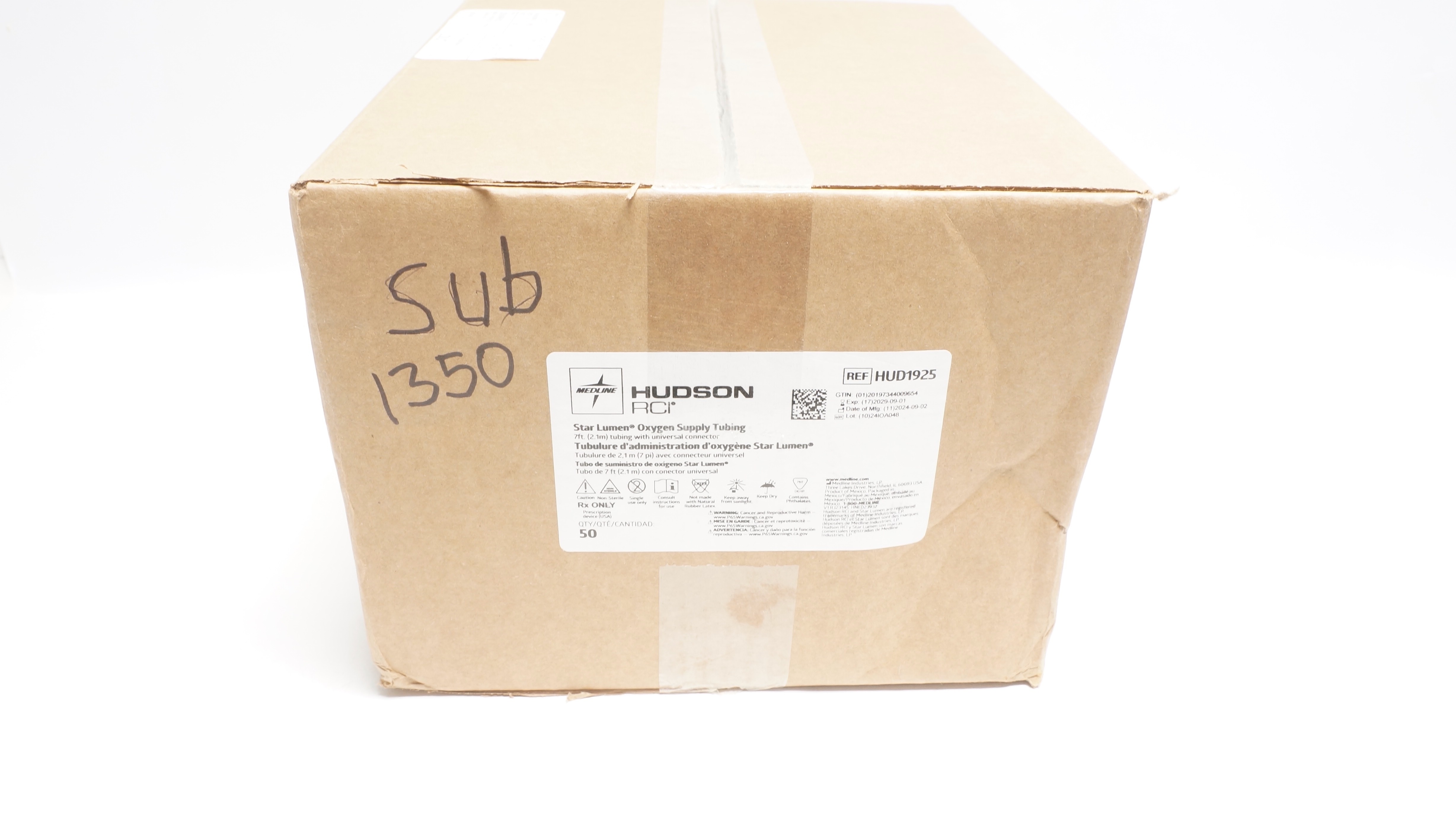 Medline HUD1925 Hudson RCI Star Lumen Oxygen Supply Tubing 7Ft - Box of 50