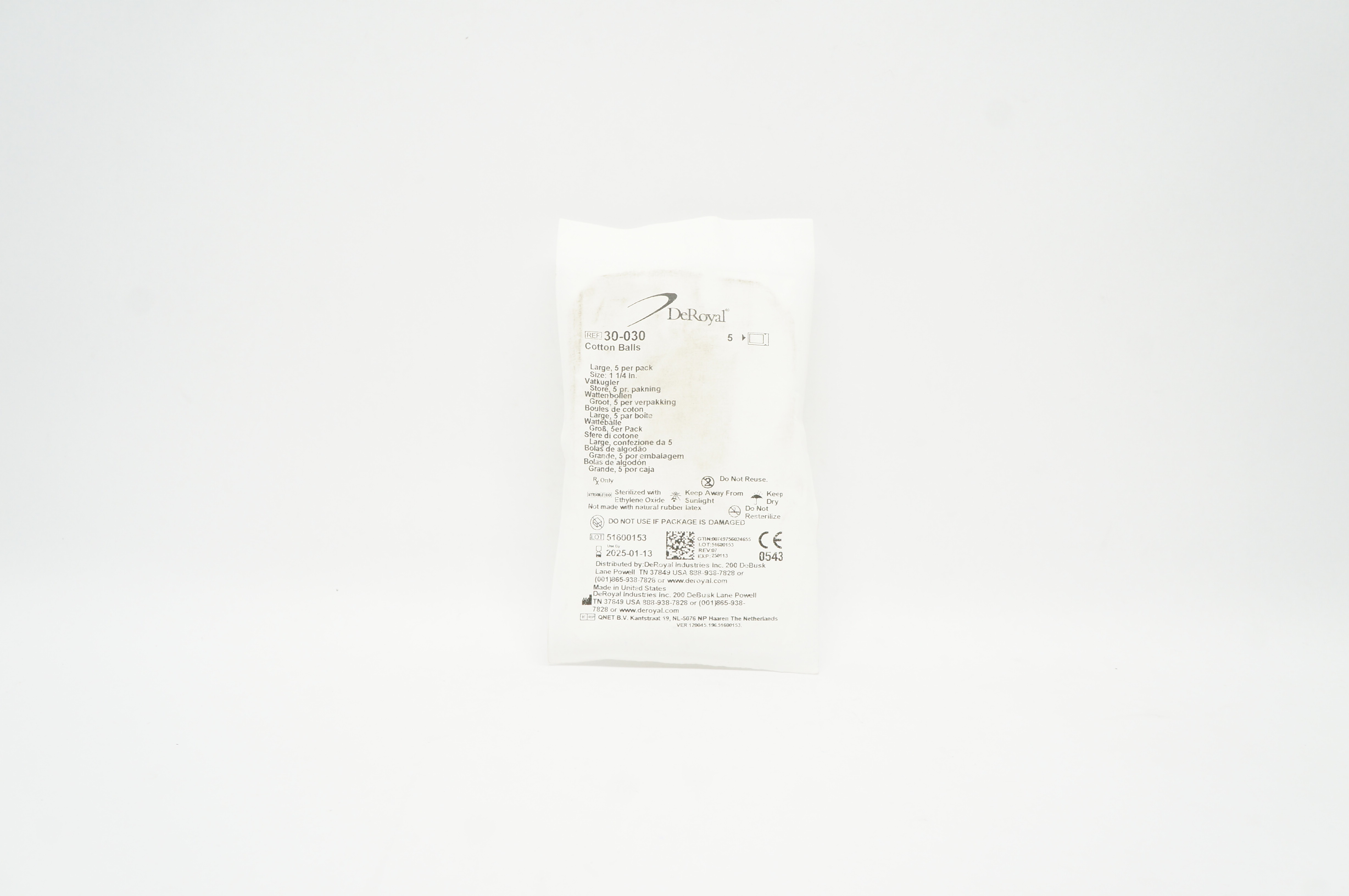 DeRoyal 30-030 Cotton Balls Large, Size: 1-1/4inch - Pack of 5