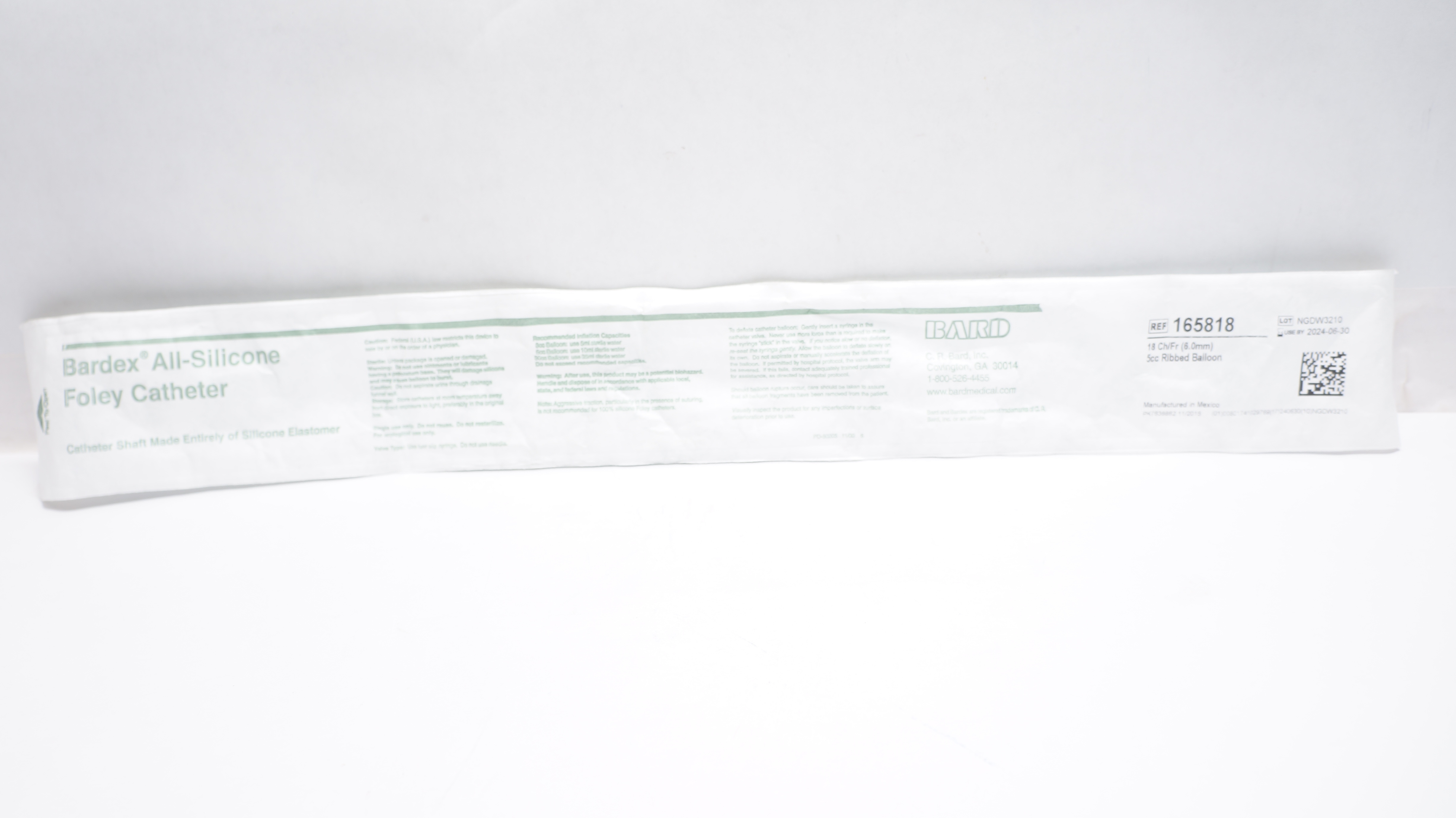 Bard 165818 All-Silicone Foley Cath. 18Fr 5cc Ribbed Balloon