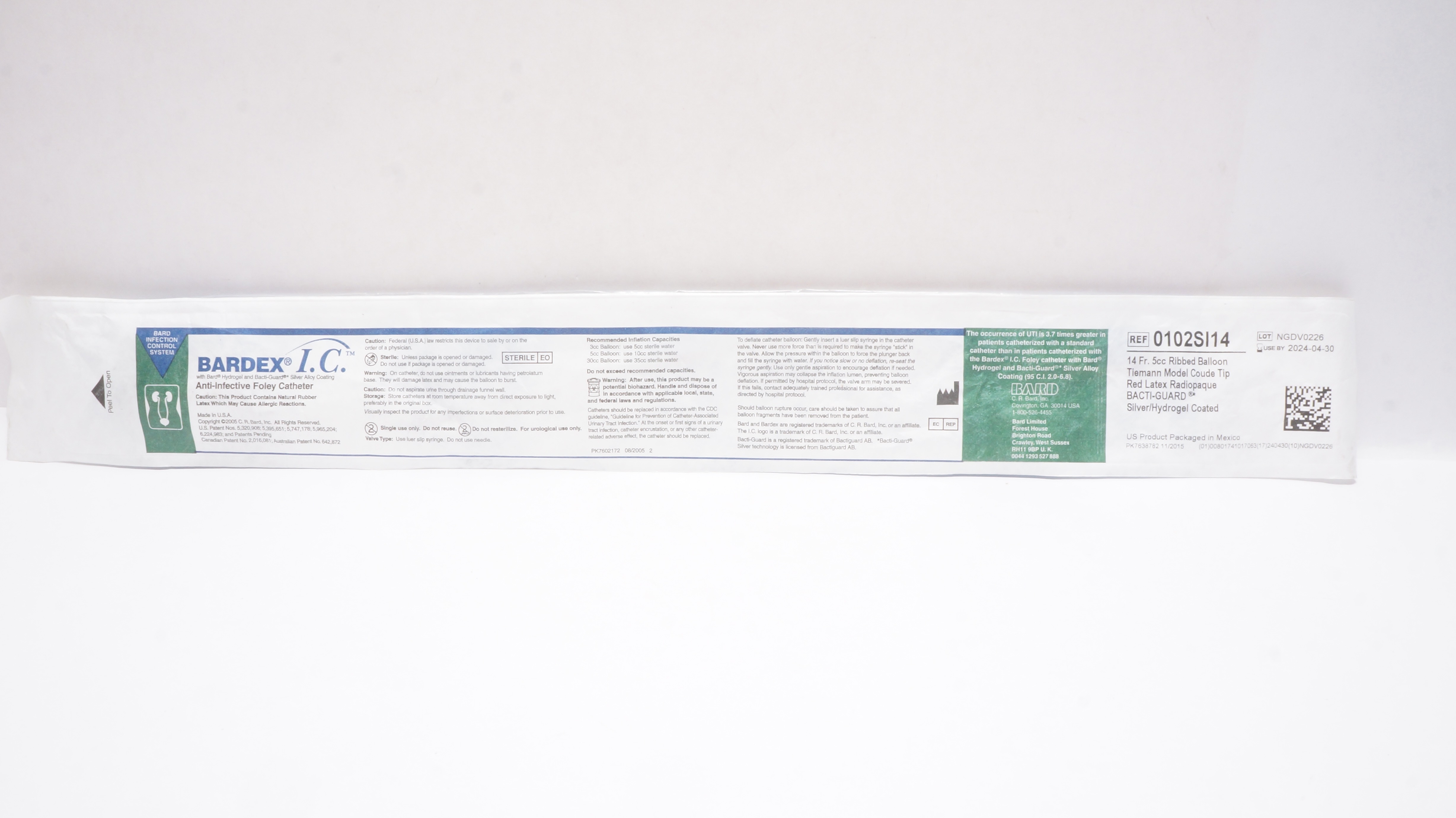 Bard 0102SI14 Bardex I.C. Anti-Infective Foley Cath. 14Fr 5cc Ribbed Balloon