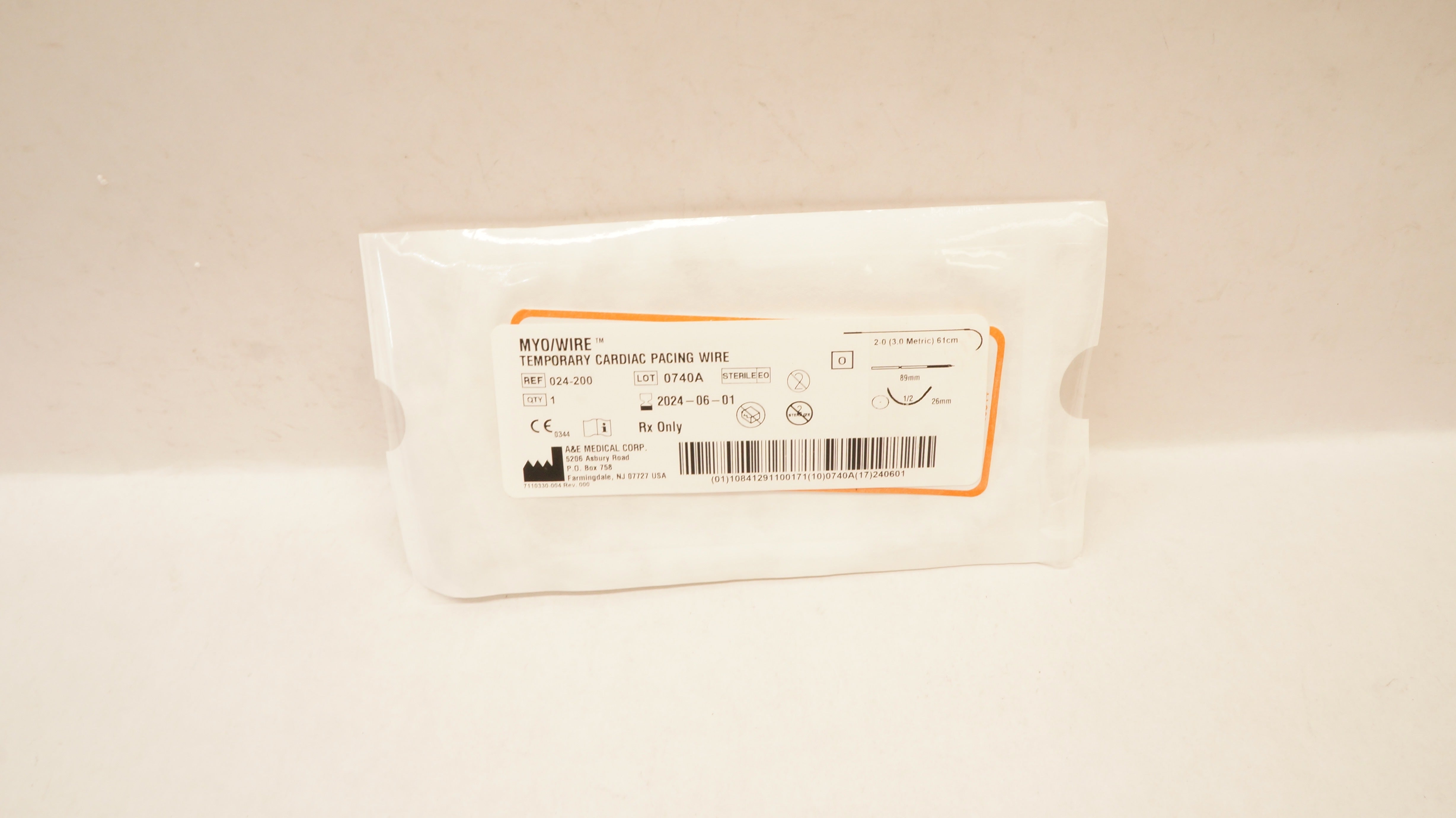 A&E Medical 024-200 2.0 Myo/Wire Temporary Cardiac Pacing Wire 1/2c 26mm x 61cm