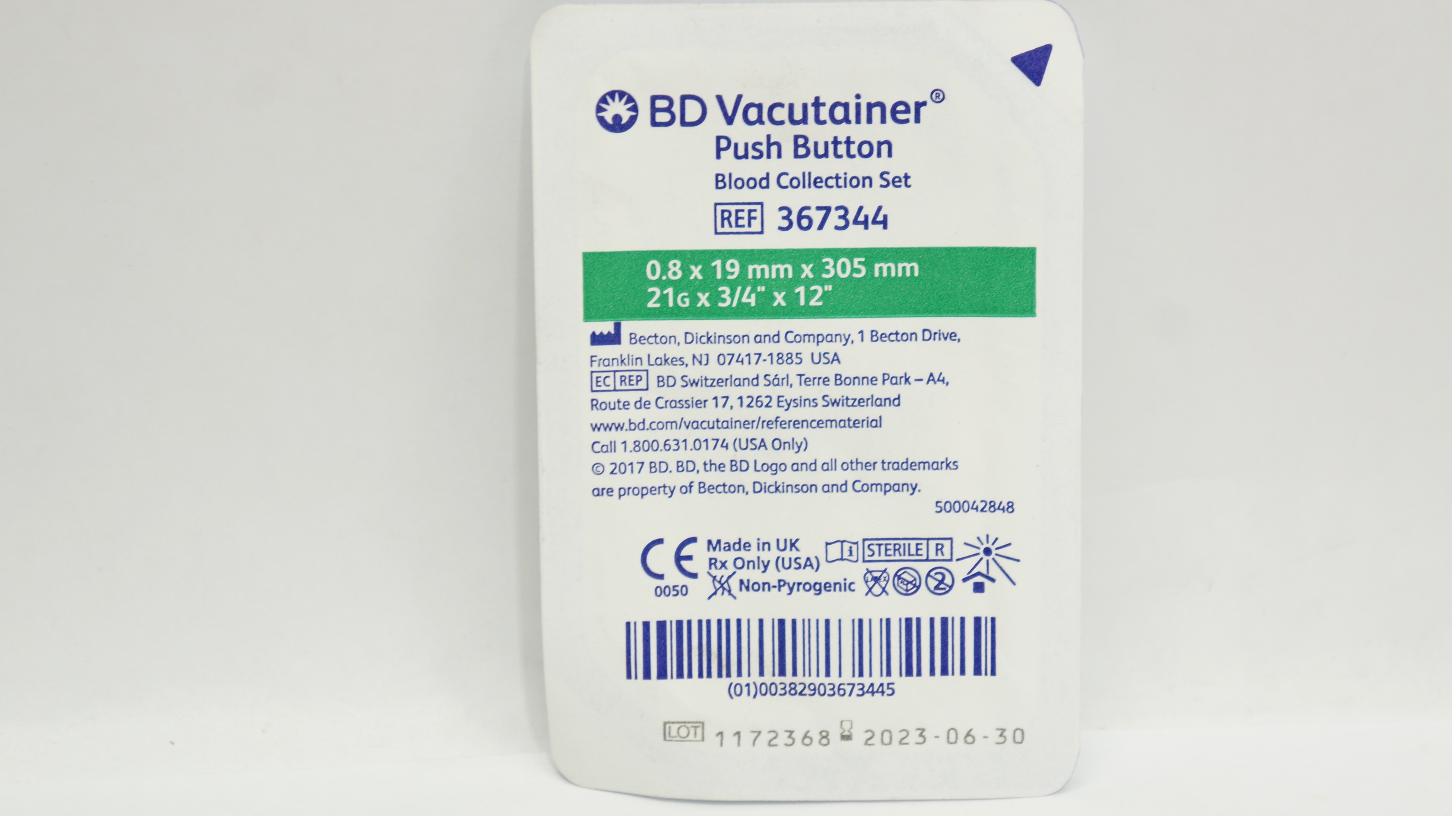 BD 367344 Vacutainer Push Button Blood Collection Set 21G x 3/4inch x 12inch (x)