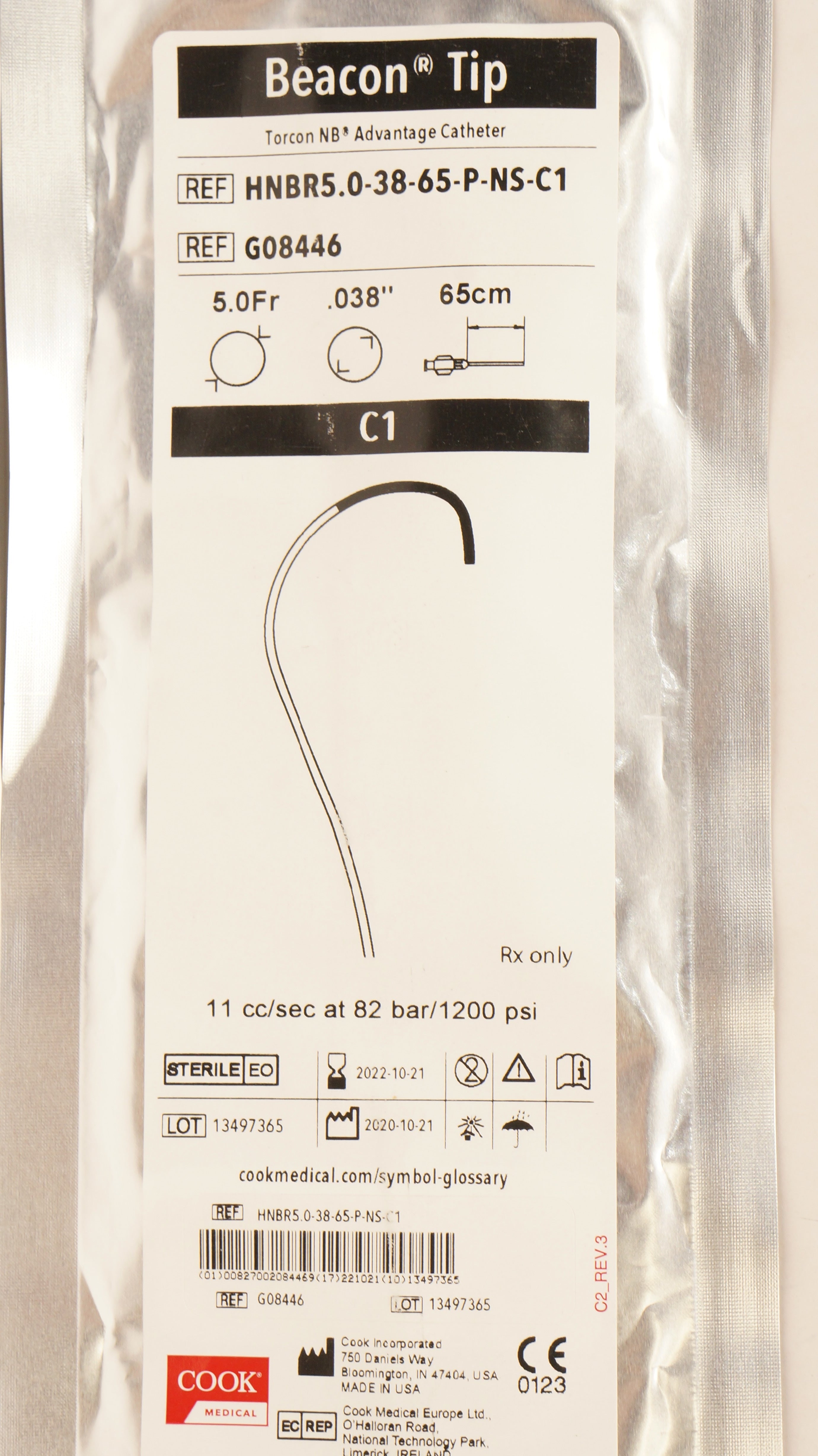 Cook G08446 Torcon NB Advantage Cath. C1 Beacon Tip 5.0Fr x .038inch x 65cm (x)