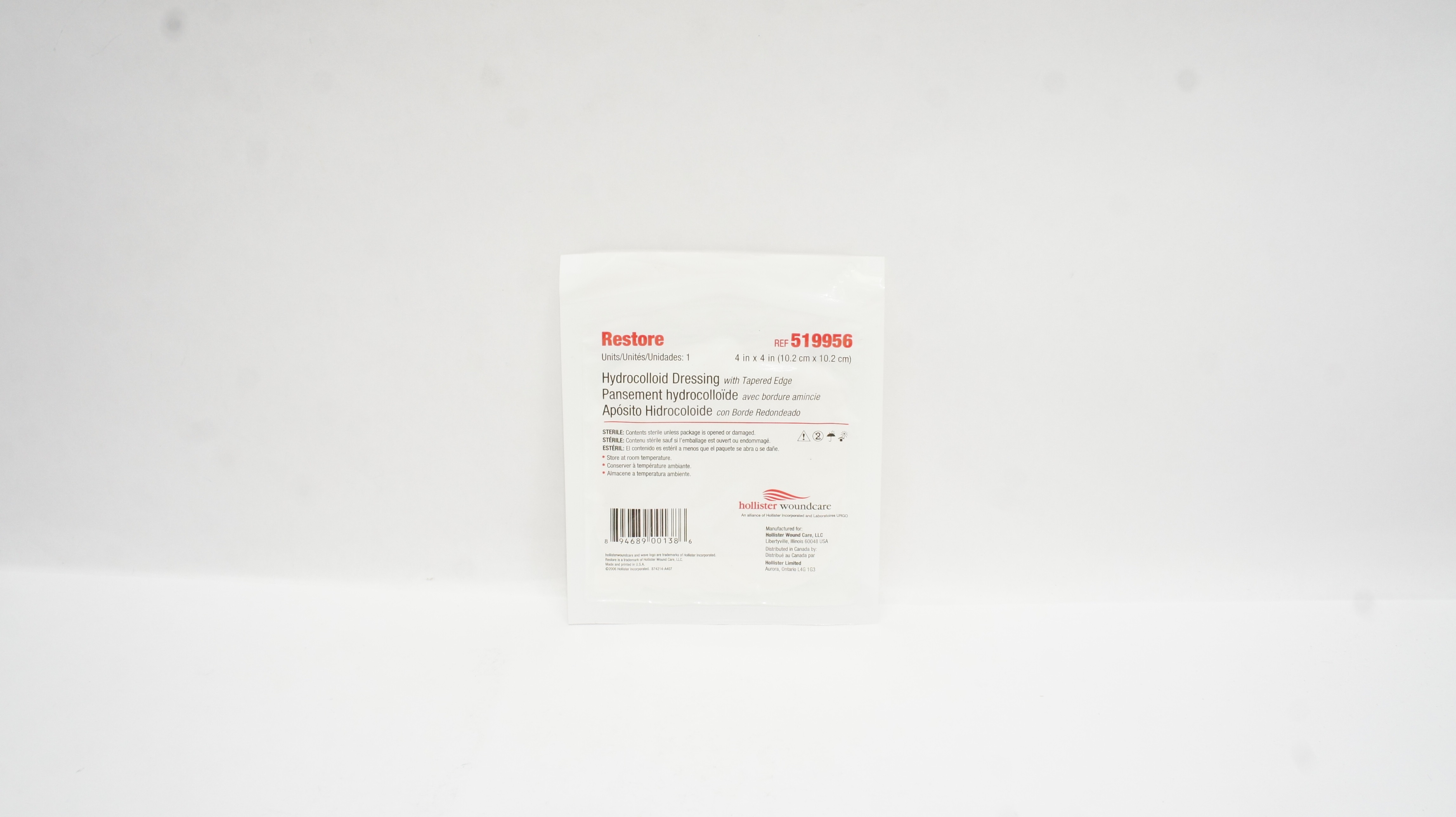 Hollister Woundcare 519956 Hydrocolloid Dressing 4In x 4In