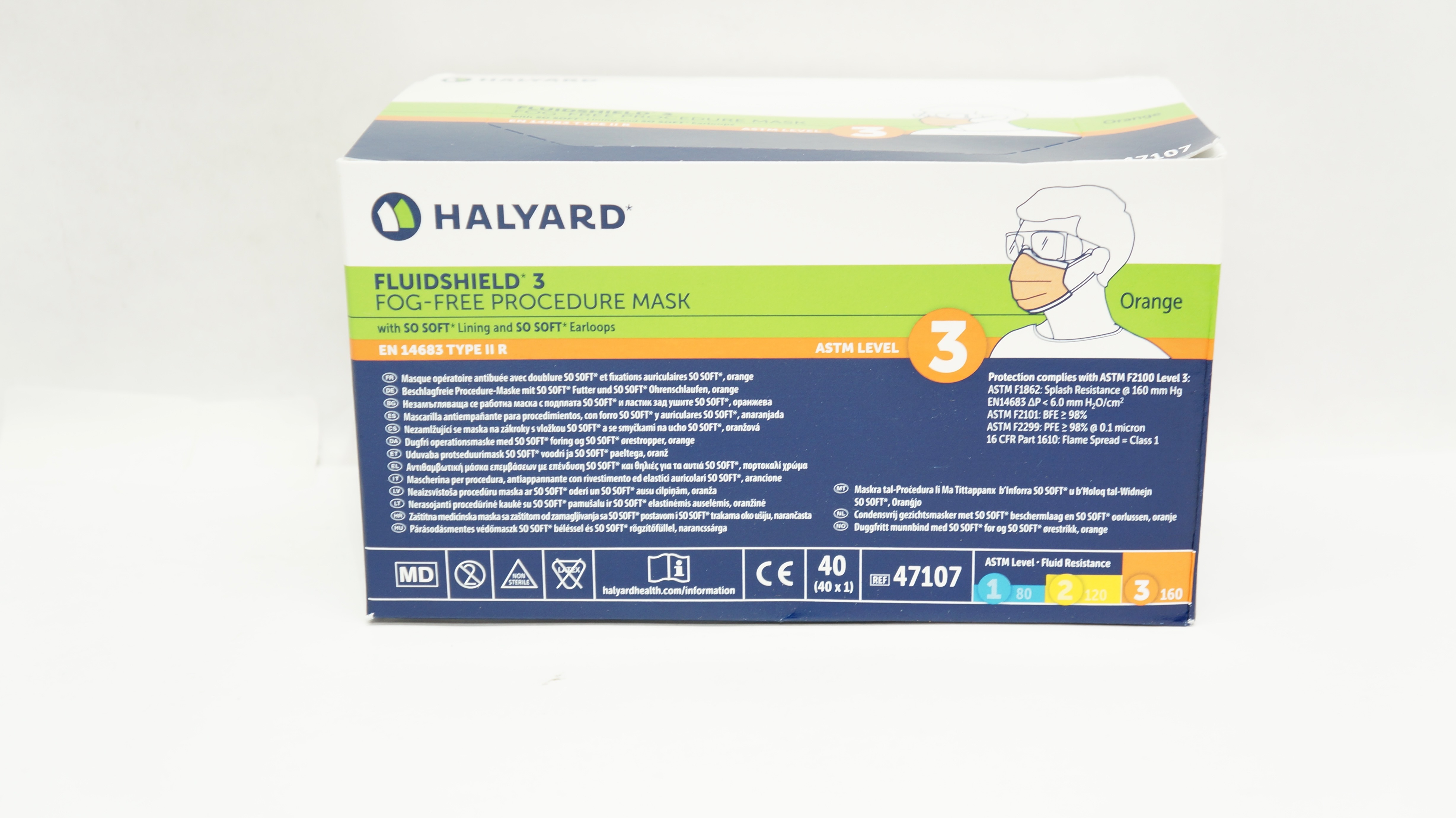 Halyard 47107 Fluidshield 3 Fog-Free Procedure Mask ASTM Level 3 - Box of 40