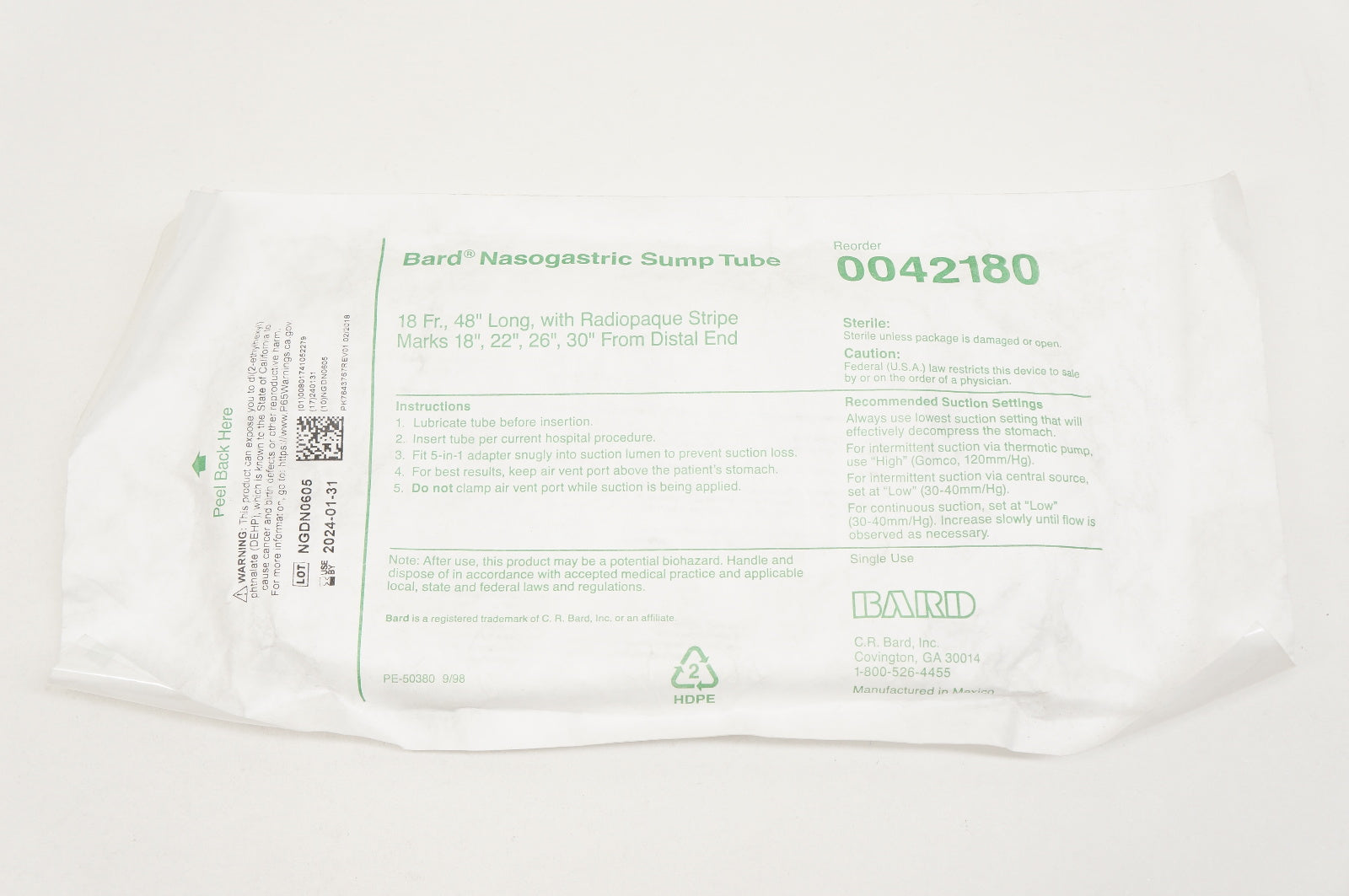 Bard 0042180 Nasogastric Sump Tube 18Fr.