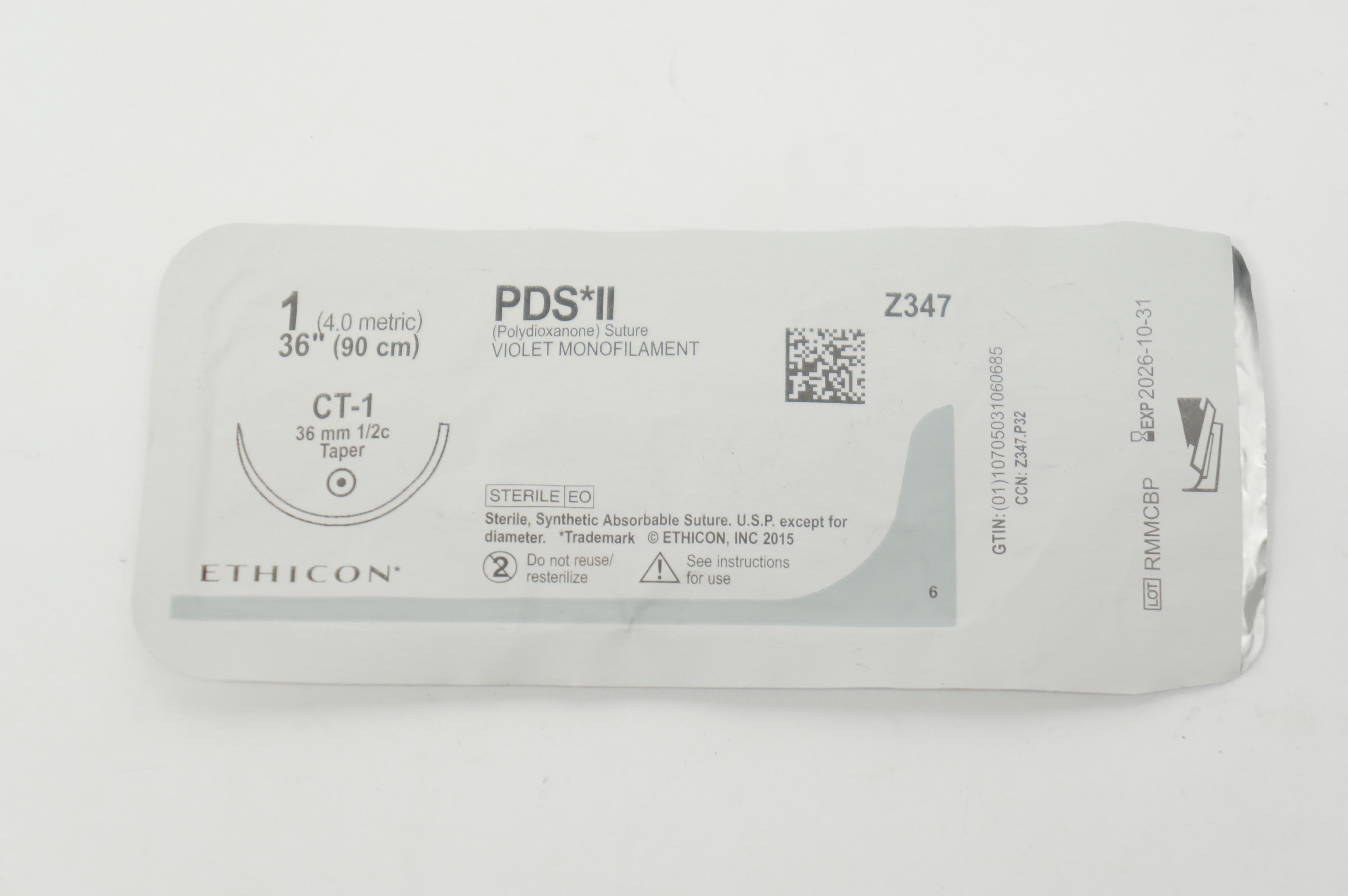 Ethicon Z347 1 PDS II Polydioxanone Stre CT-1, 36mm 1/2c Taper, 36inch