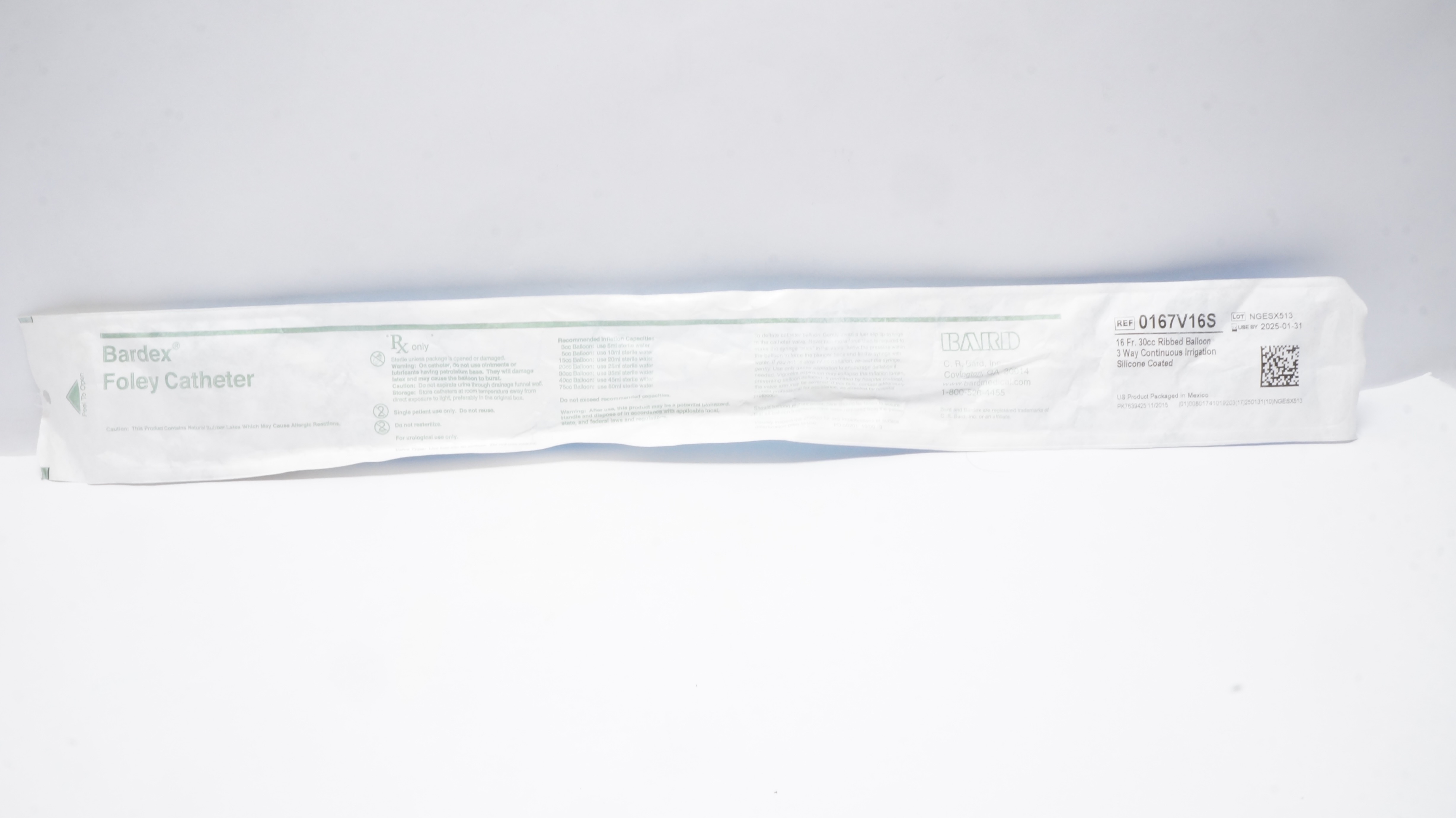 Bard 0167V16S Bardex Foley Cath. 16Fr. 30cc Ribbed Ballon (x)