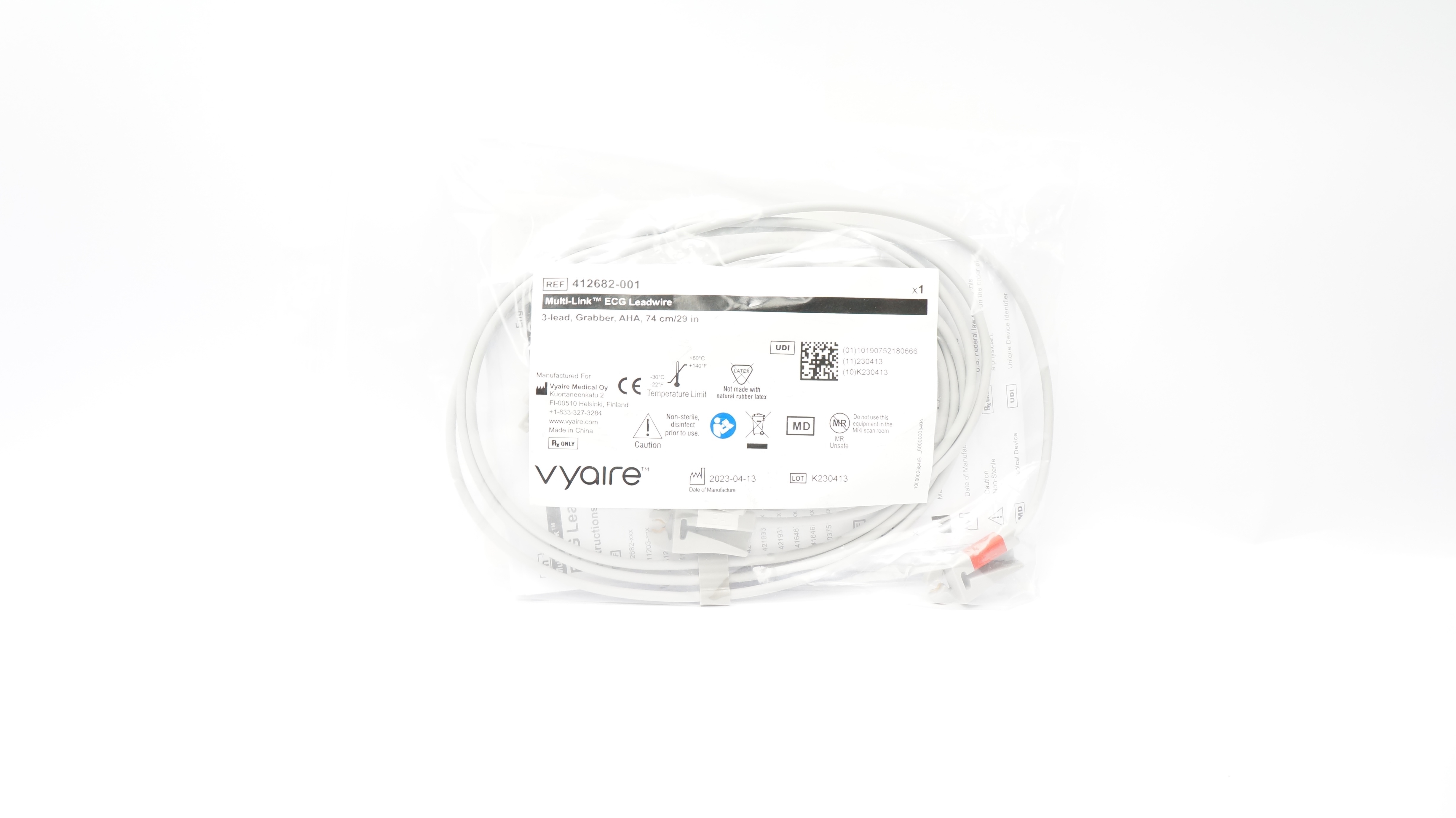 Vyaire Medical 412682-001 Multi-Link ECG Leadwire, 3-Lead, Grabber, AHA 29In
