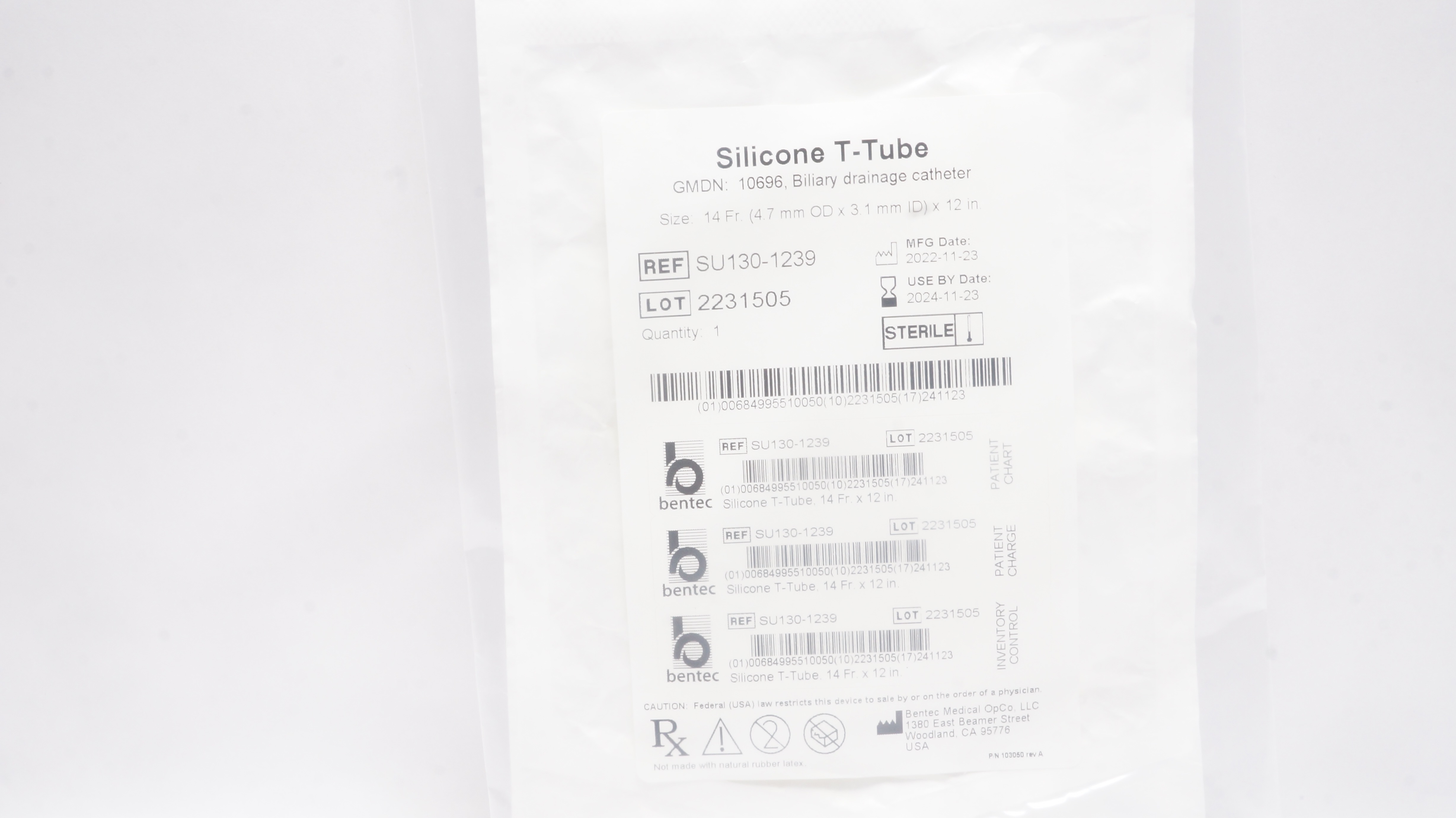 Bentec Medical SU130-1239 Silicone T-Tube Biliary Drainage Cath. 14Fr x 12inch