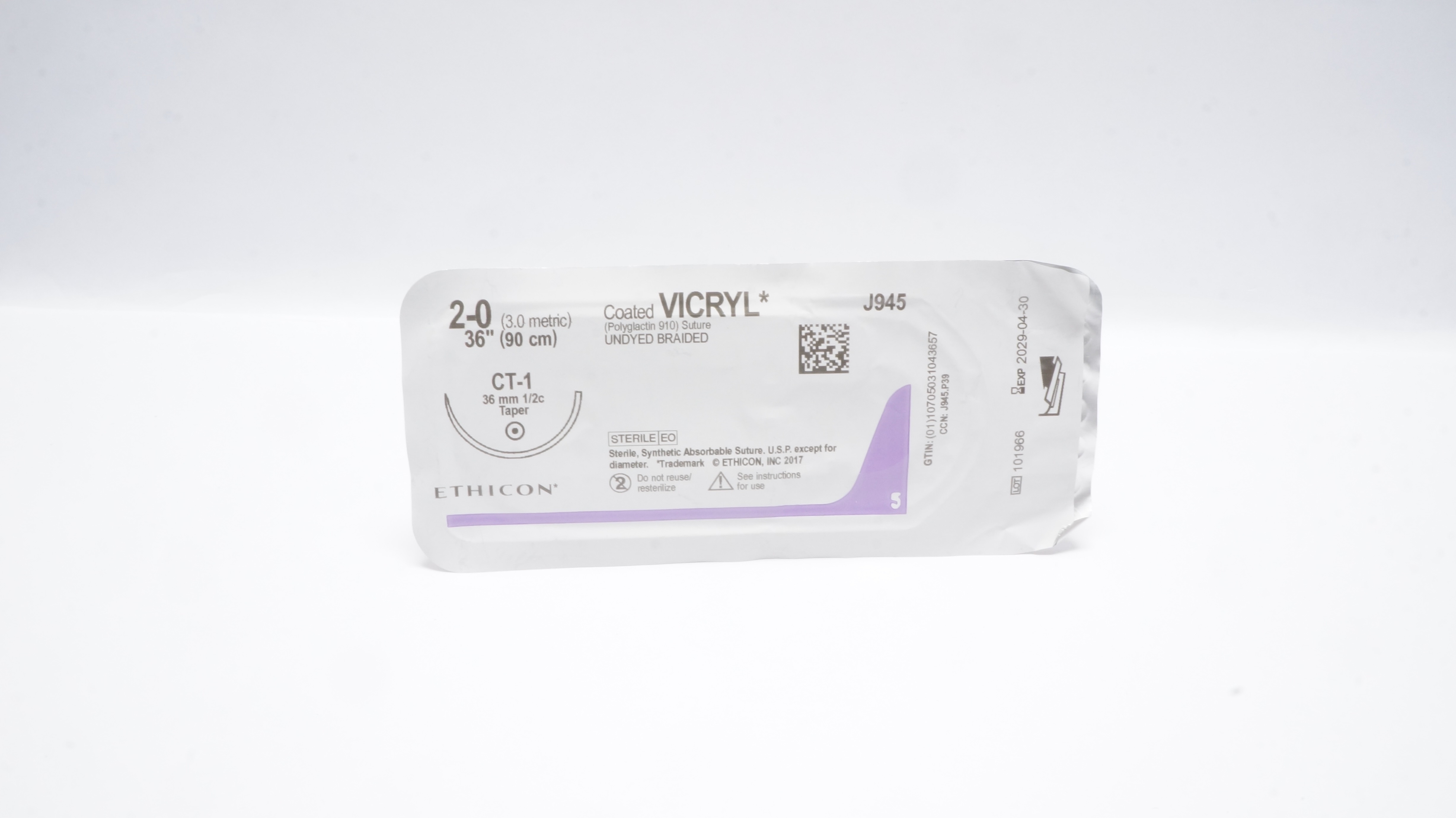 Ethicon J945 2-0 Coated VICRYL Polyglactin Stre CT-1 36mm 1/2c Taper, 36inch