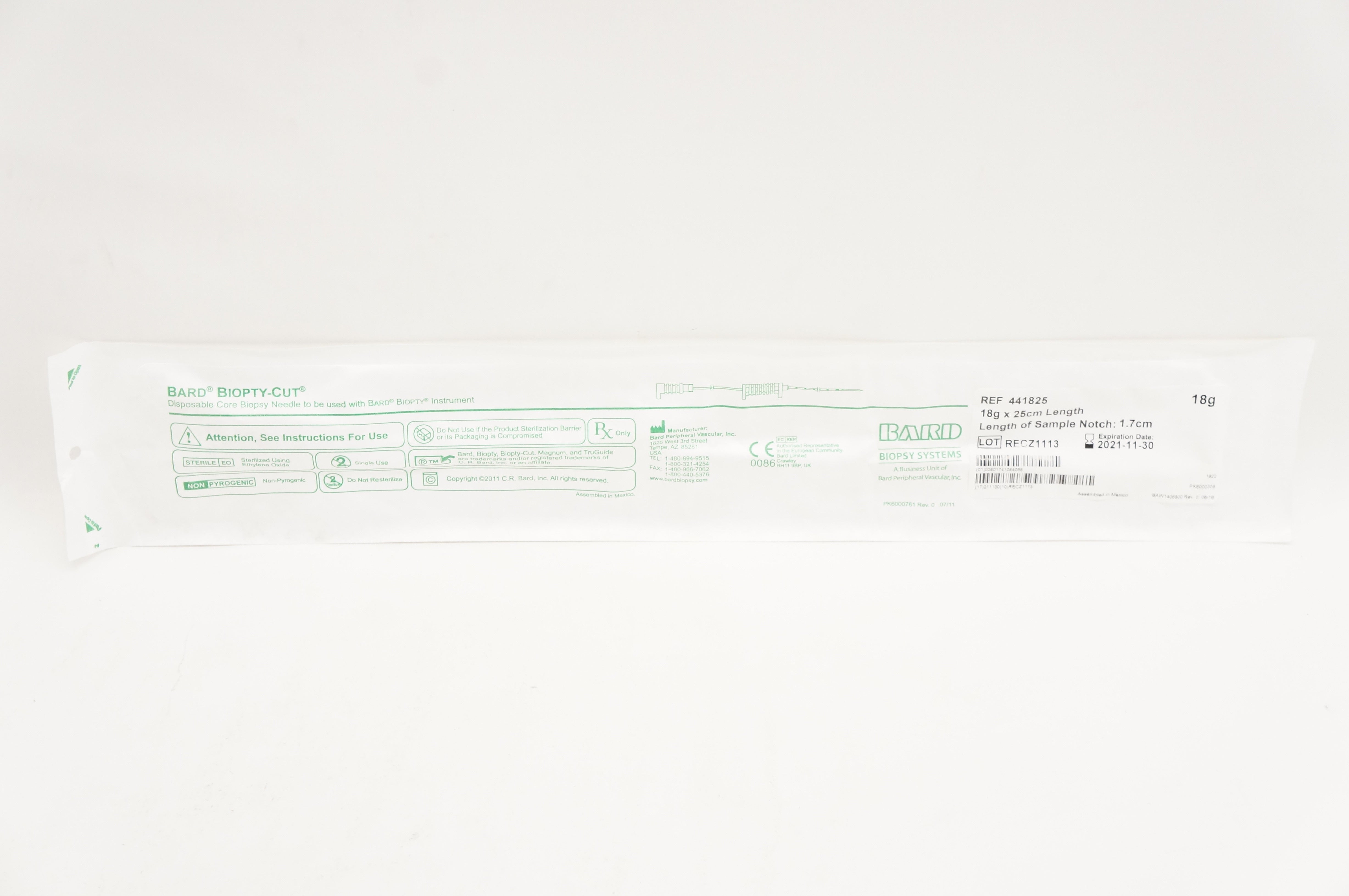 Bard 441825 Biopty-Cut Disposable Core Biopsy Ndle 18G x 25 x 1.7cm