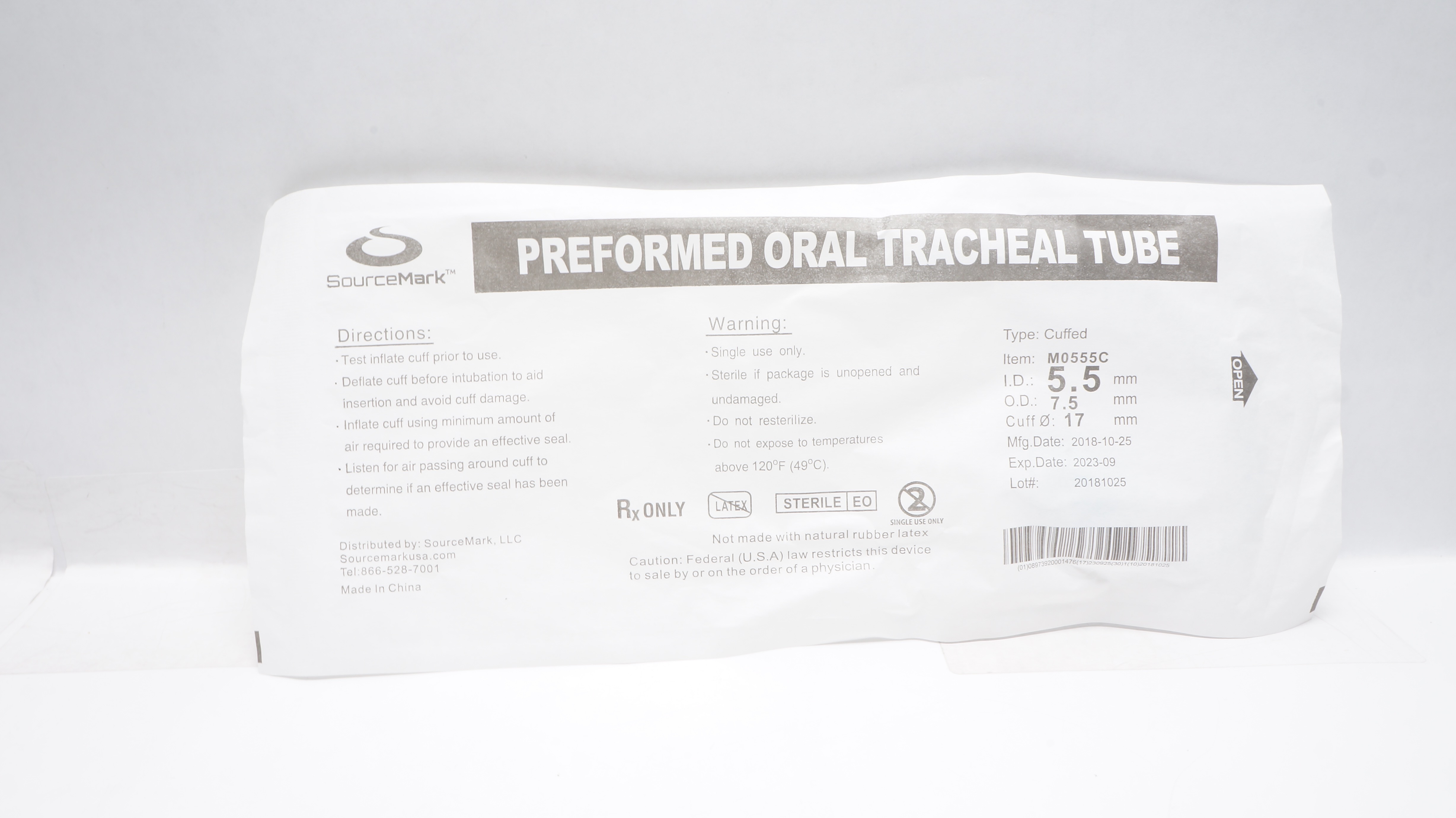 SourceMark M0555C Preformed Oral Tracheal Tube, Cuffed 5.5mm ID 7.5mm OD (x)