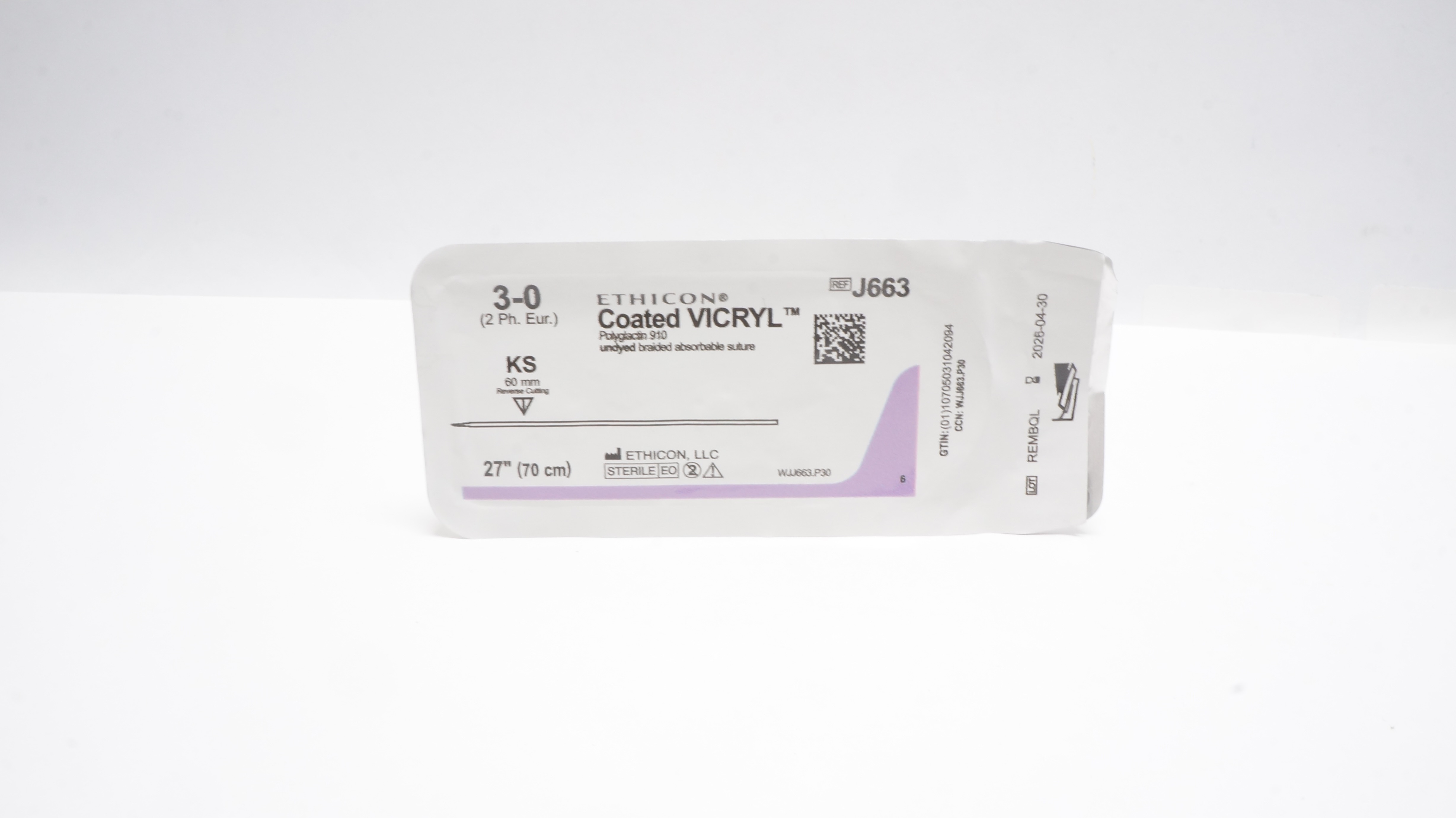 Ethicon J663 3-0 Coated VICRYL Polyglactin Stre KS 60mm Reverse Cutting 27inch