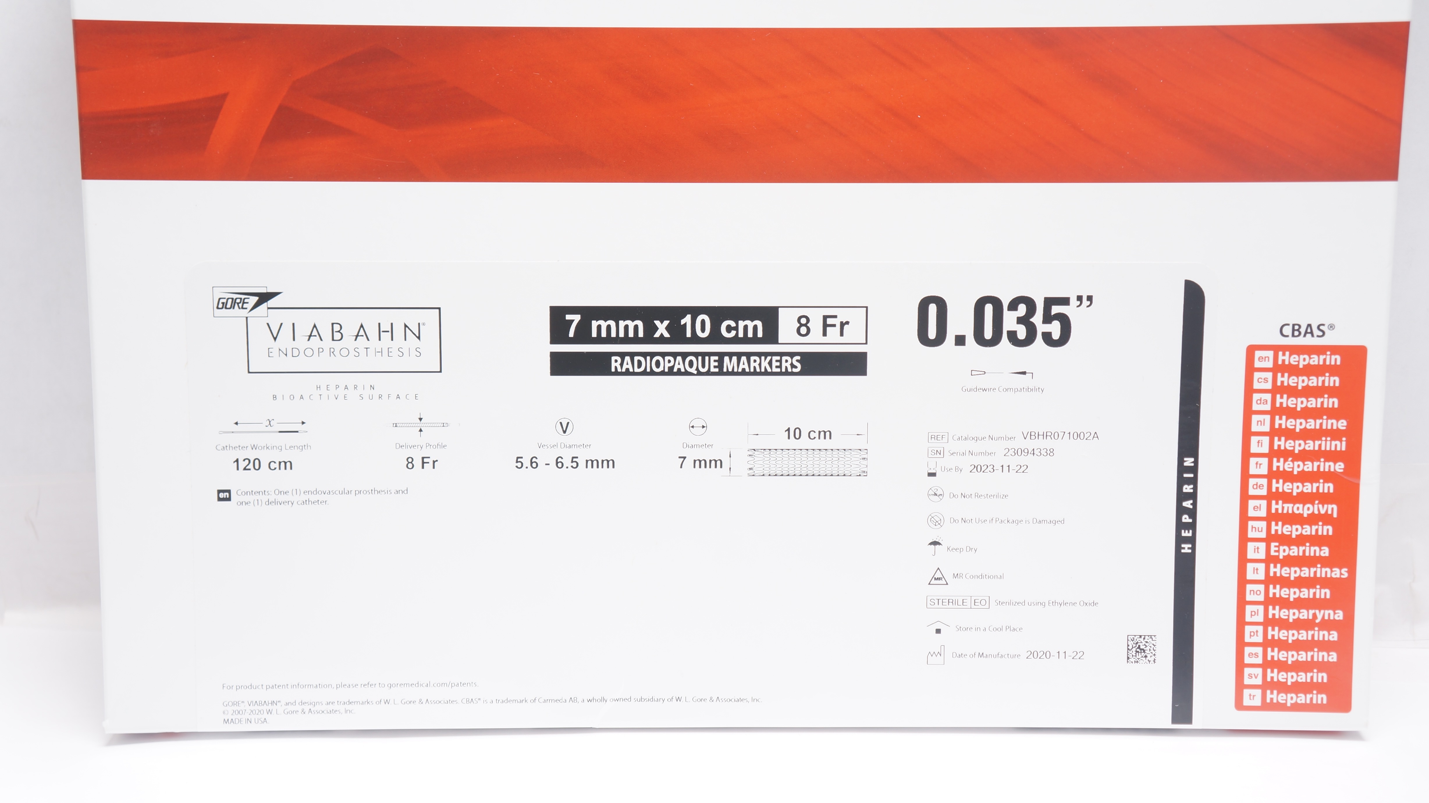 GORE VBHR071002A Viabahn Endoprosthesis w/Delivery Cath. 7mm x 10cm 8Fr (x)