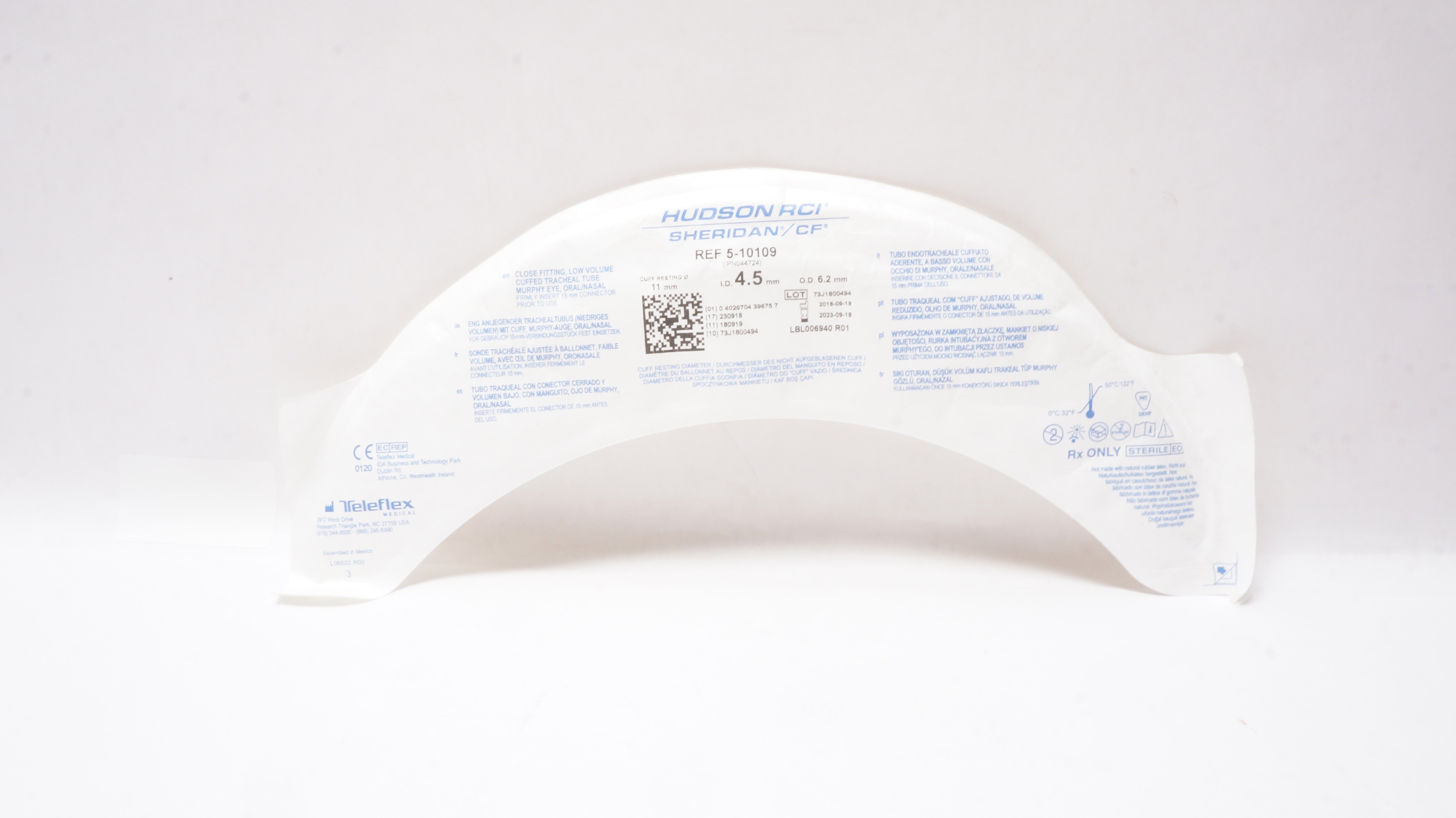 Teleflex 5-10109 Hudson RCI Sheridan Uncuffed Tracheal Tube 4.5mm x 6.2mm