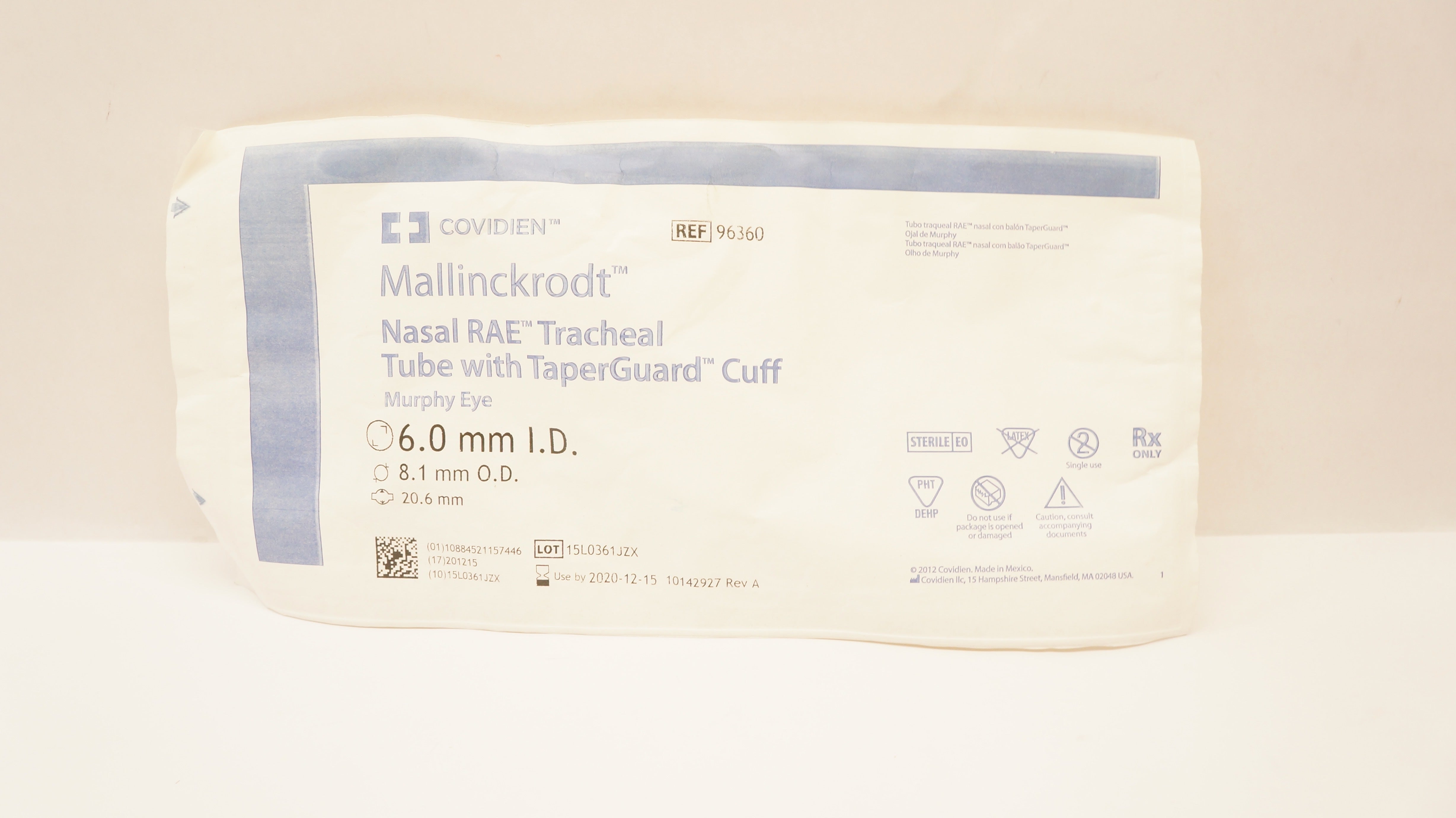 Covidien 96360 Mallinckrodt Nasal Tracheal Tube, Cuff 6.0 ID x 8.1OD x 20.6mm(x)