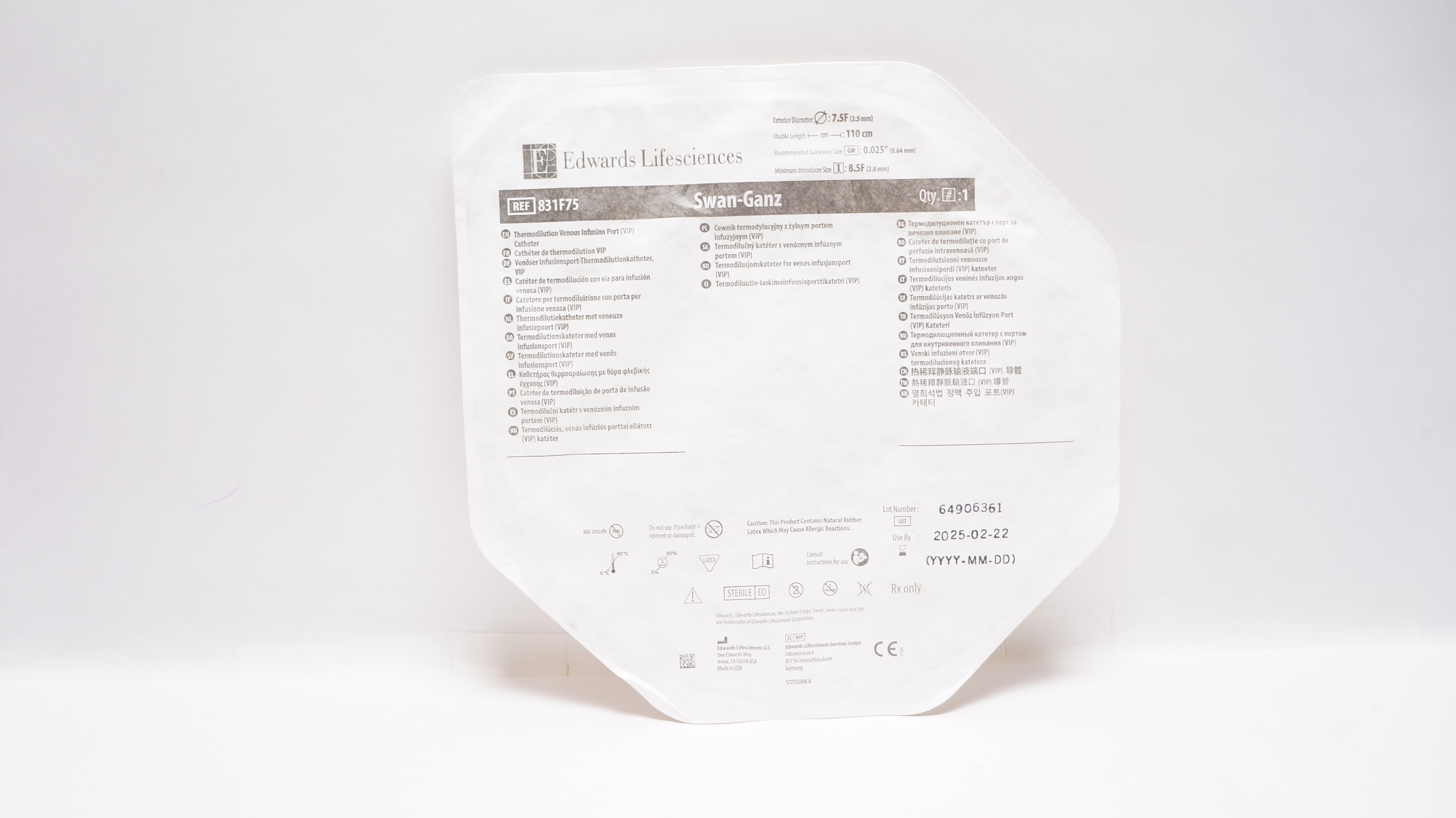 Edwards Lifesciences 831F75 Swan-Ganz Thermodilution VIP Cath. 7.5F x 110cm