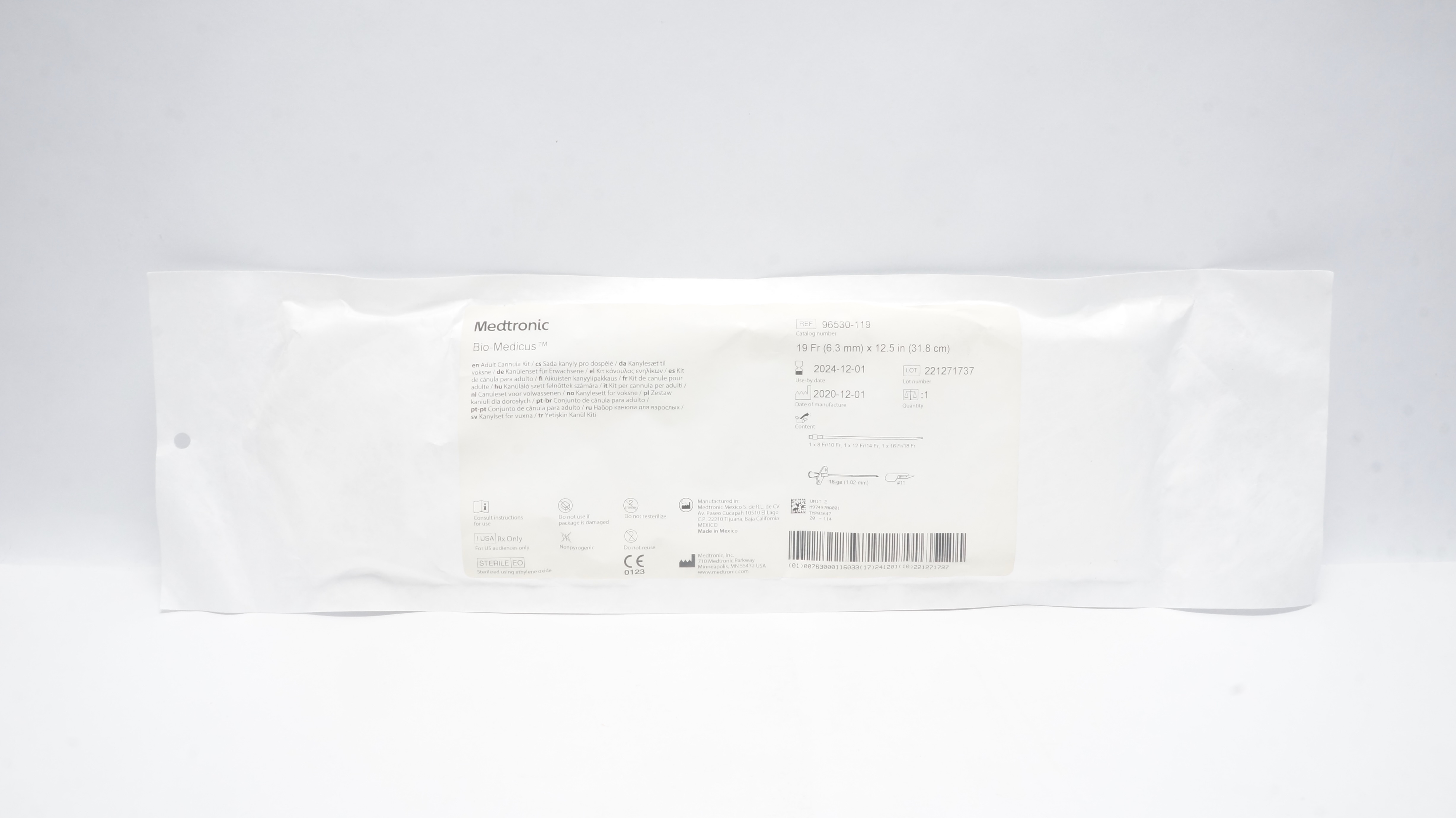 Medtronic 96530-119 Bio-Medicus Adult Cannula Kit 19Fr x 12.5inch (x)